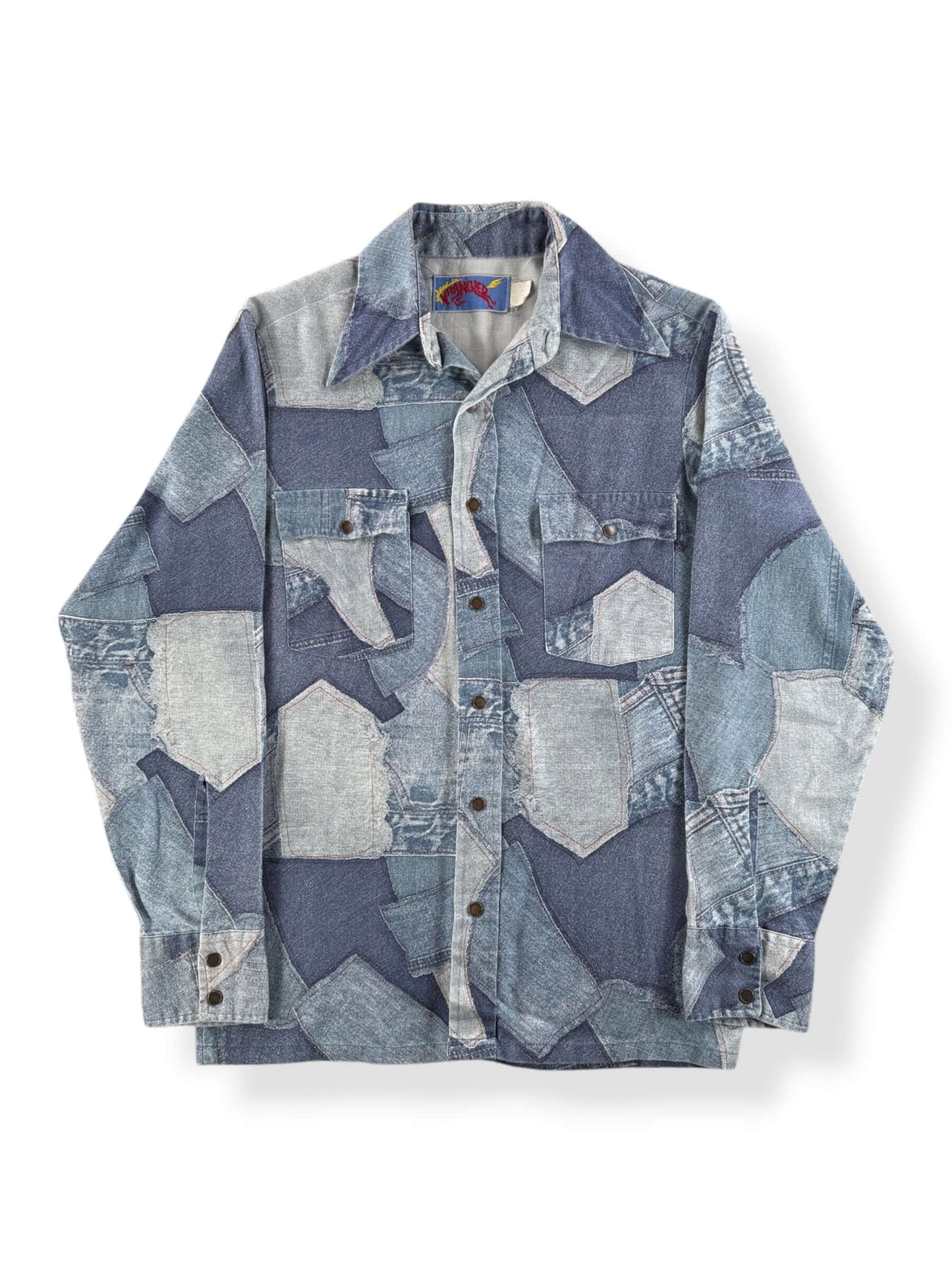 Front of Vintage Wrangler Printed Denim Shirt SZ S