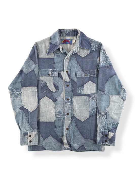 Front of Vintage Wrangler Printed Denim Shirt SZ S