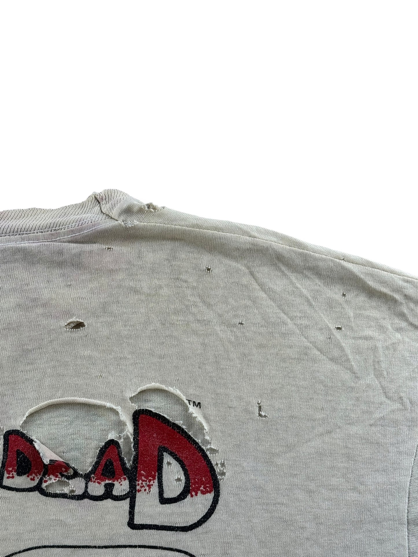 Damage on back of Vintage '90 Spring Tour Grateful Dead Bart Simpson Thrasher Tee SZ XL