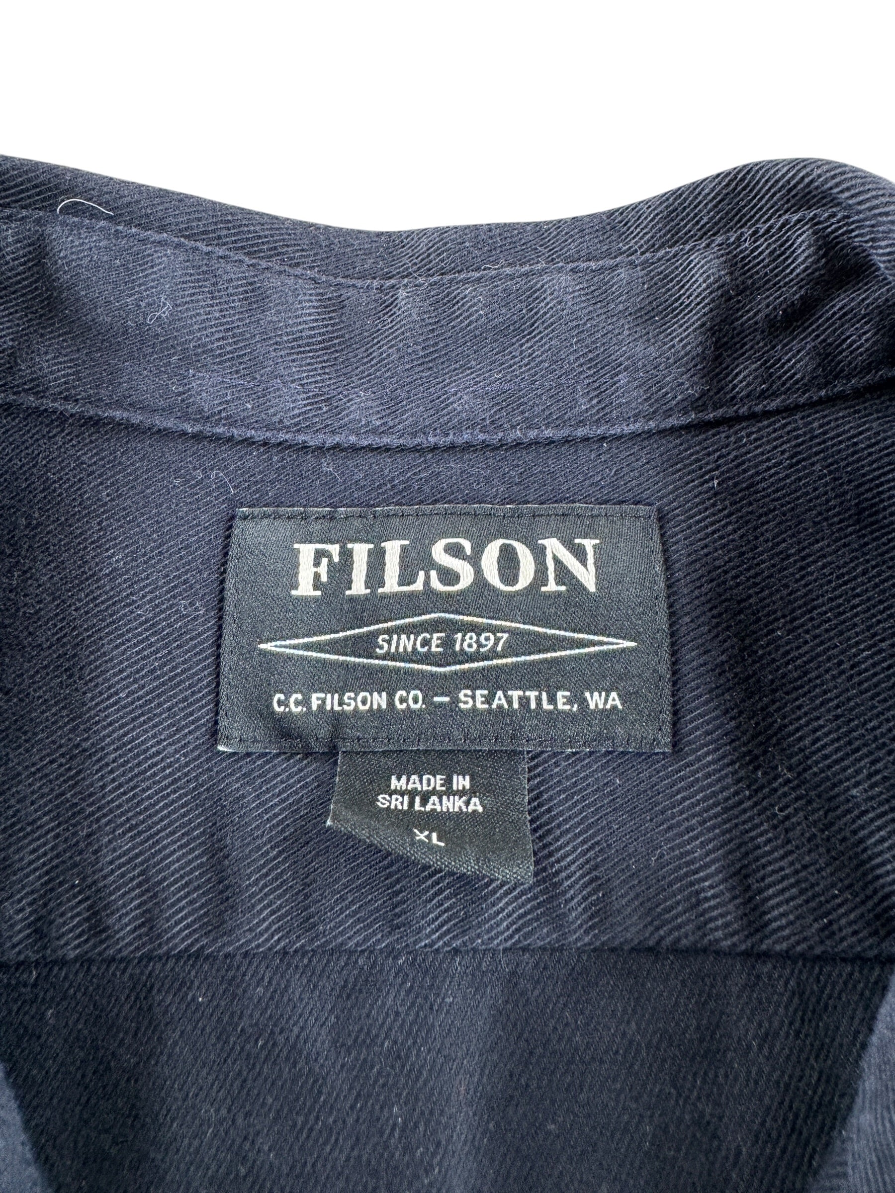 Tag on Filson 6-Oz Drill Chino Shirt Storm Navy SZ XL