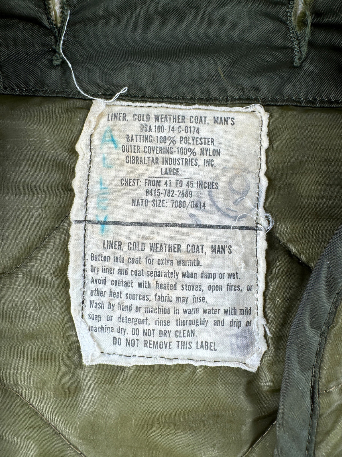 Label on Vintage Vietnam Era Liner Jacket SZ L