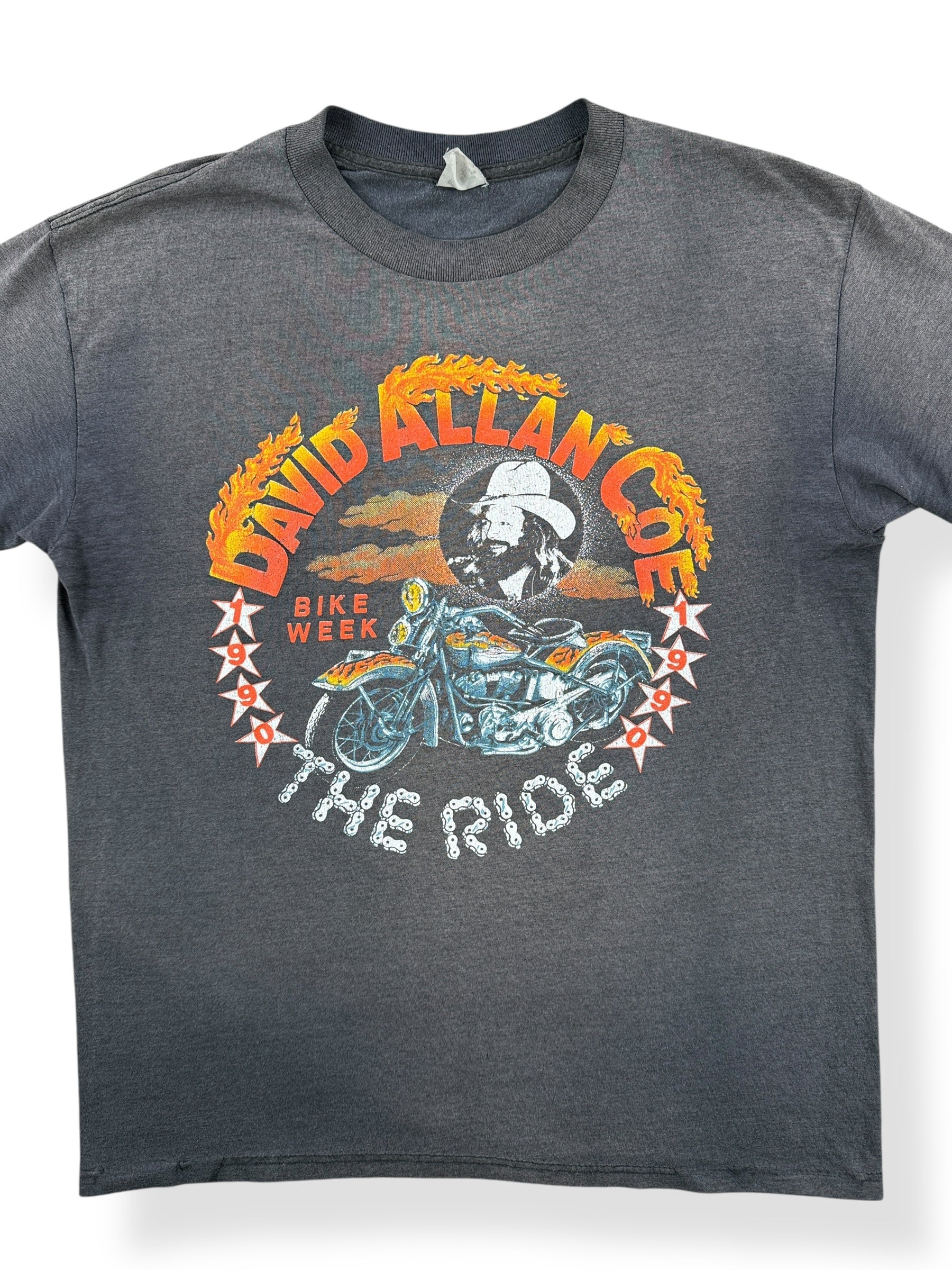 Front Close Up of Vintage David Allan Coe 1990 Bike Week Tee SZ L