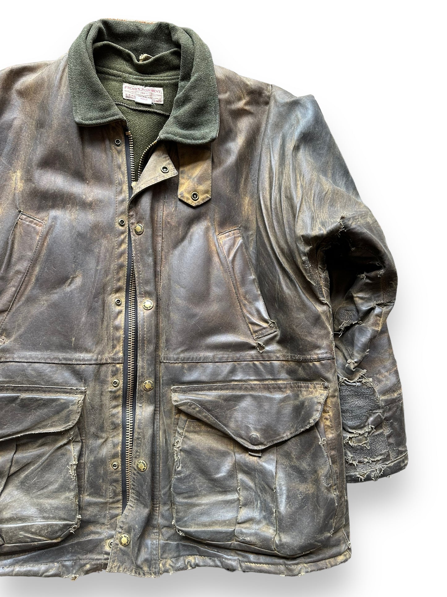 Front Left View of Filson Nasty Boy Tin Cloth Field Jacket SZ 42 |  Filson Tin Cloth Jacket | Vintage Workwear Seattle