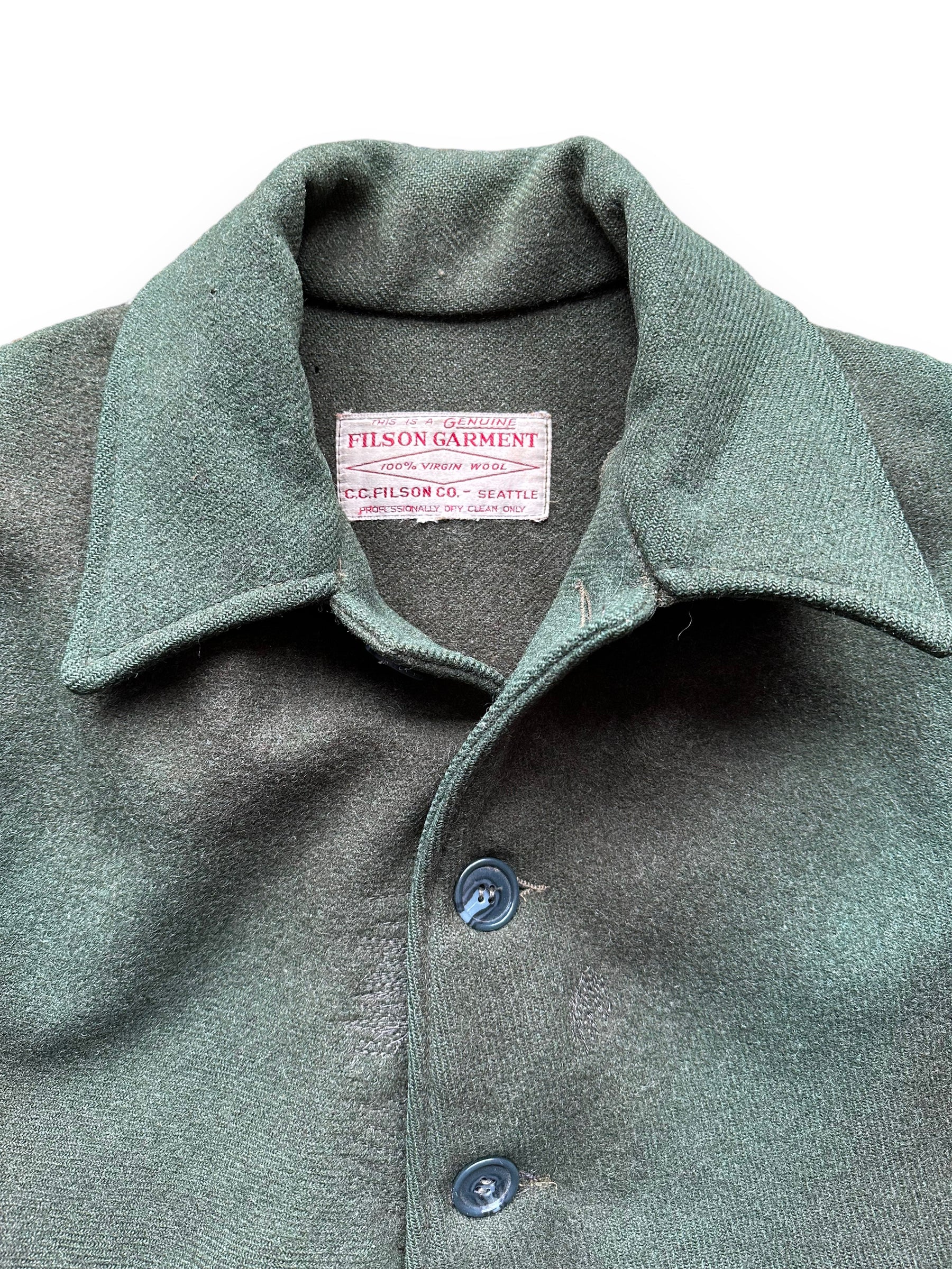 Upper Tag View on Vintage Filson Forest Green Repaired Double Mackinaw Cruiser SZ 40 |  Vintage Filson Cruiser Seattle | Vintage Workwear Seattle