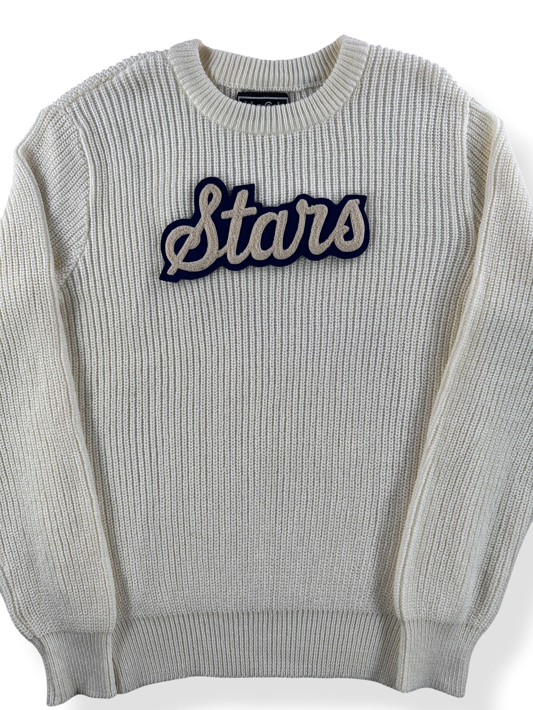 Front Close Up of Vintage 70’s Stars Pep Squad Knit Sweater SZ M