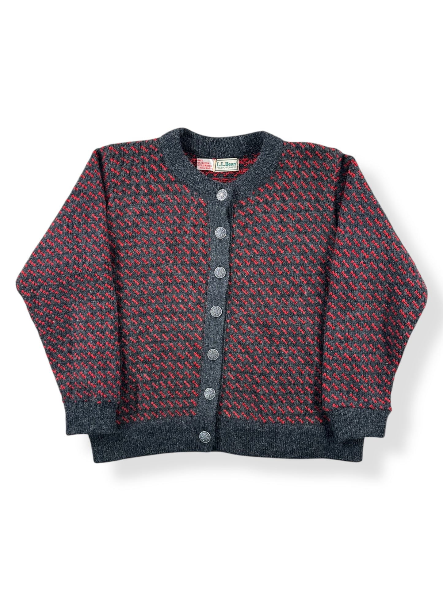 Front of Vintage Ladies LL Bean Birdseye Nordic Cardigan Red & Grey SZ M