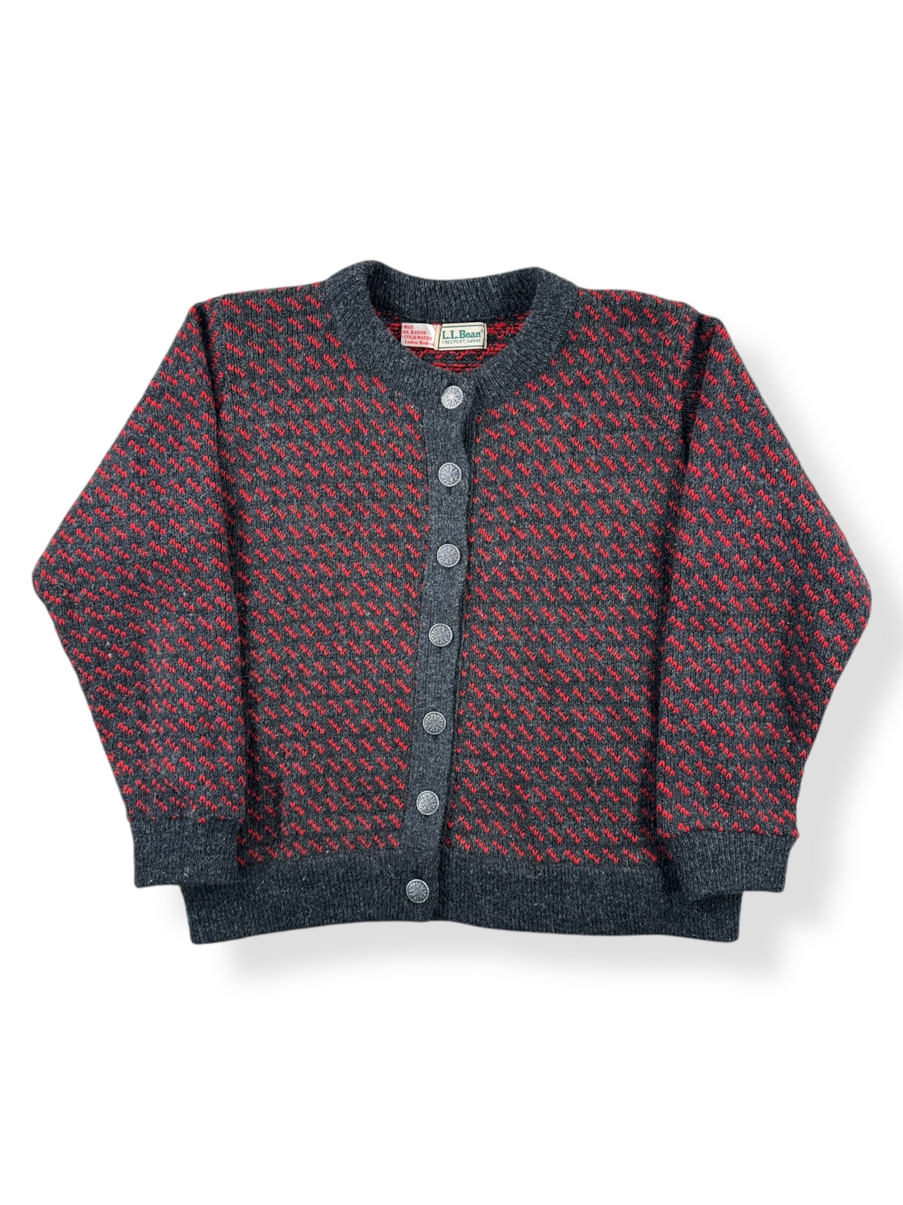 Front of Vintage Ladies LL Bean Birdseye Nordic Cardigan Red & Grey SZ M