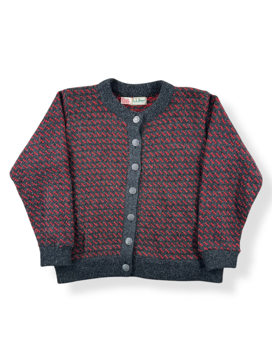 Front of Vintage Ladies LL Bean Birdseye Nordic Cardigan Red & Grey SZ M