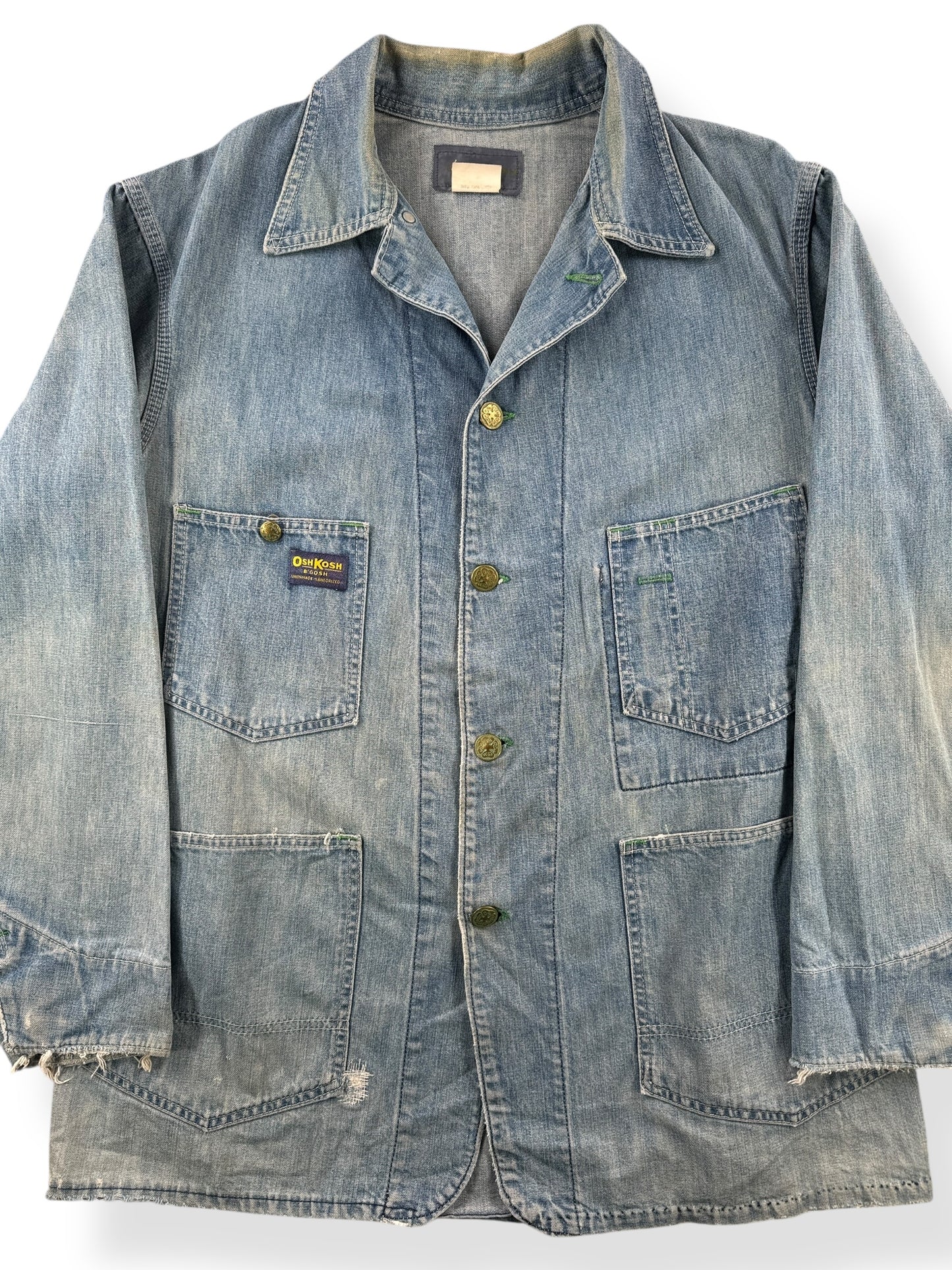 Front Close Up of Vintage Osh Kosh Denim Chore Coat SZ 42