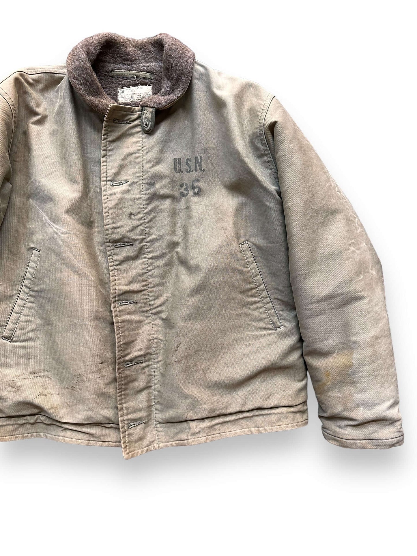 Front Left View of Vintage 1961 USN N-1 Deck Jacket SZ 46 |  Vintage Military N1 Deck Jacket Seattle |  Barn Owl Vintage Seattle