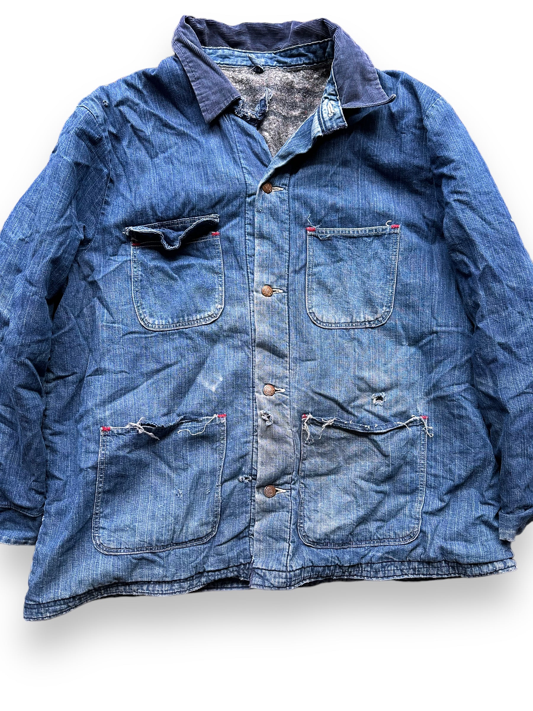 Front Detail on Vintage Blanket Lined Wrangler Blue Bell Chore Coat SZ 50 | Vintage Denim Jacket Seattle | Seattle Vintage Clothing