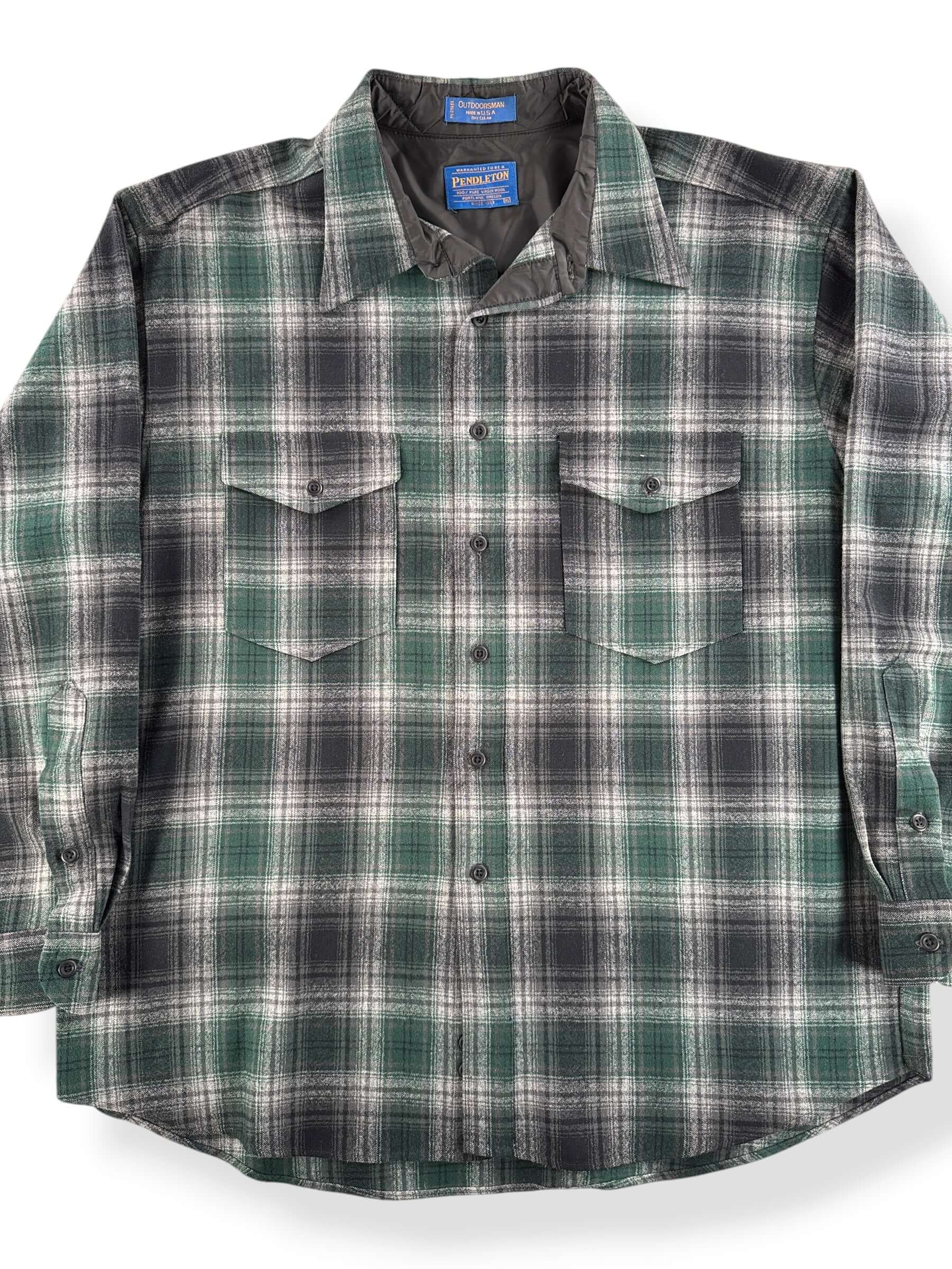 Front Close Up of Vintage Pendleton Outdoorsman Green & Black Flannel SZ XL