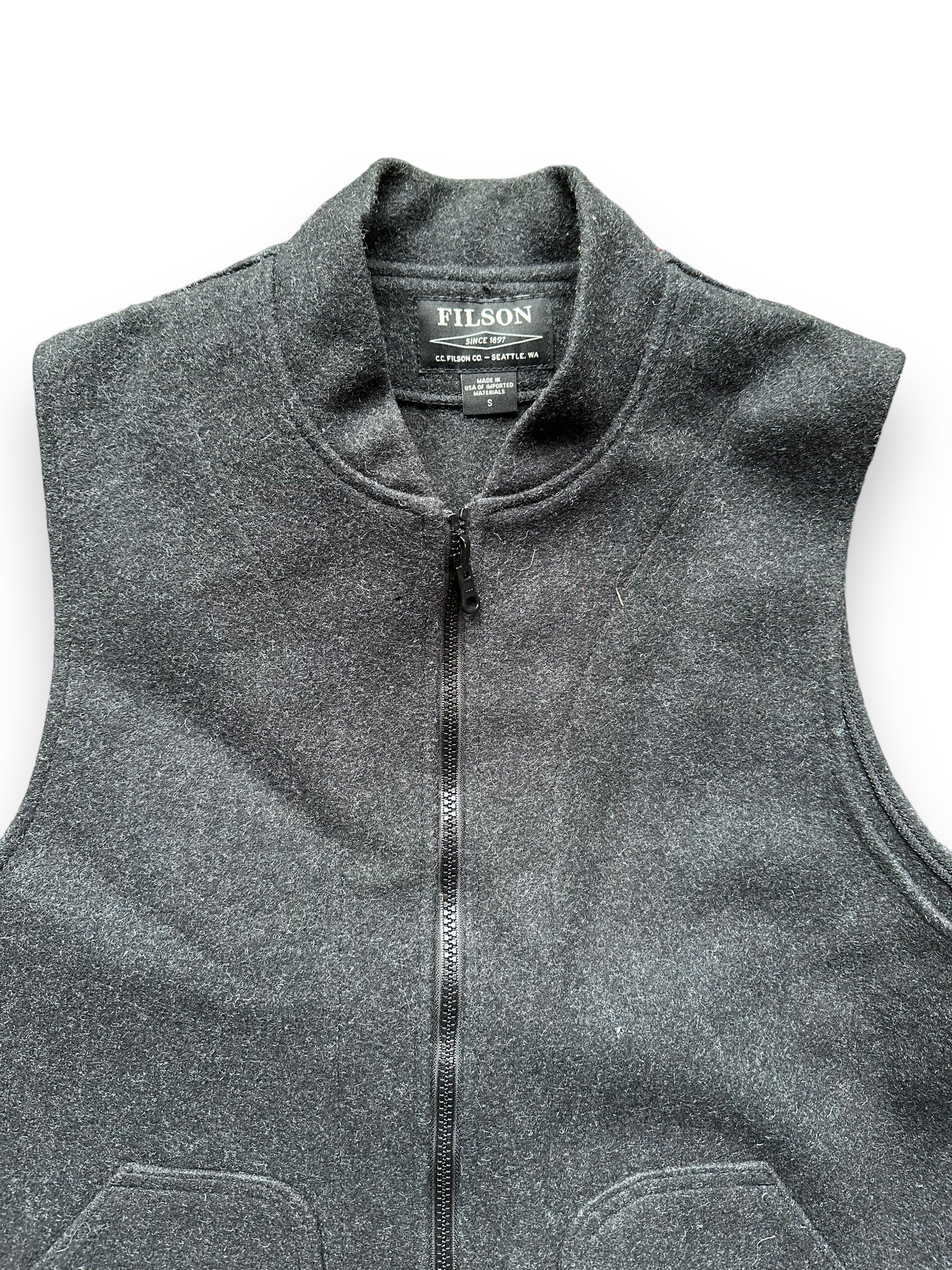 Upper Front View of Filson Mackinaw Wool Sleeveless Charcoal Liner SZ S |  Barn Owl Vintage Goods | Vintage Filson Workwear Seattle