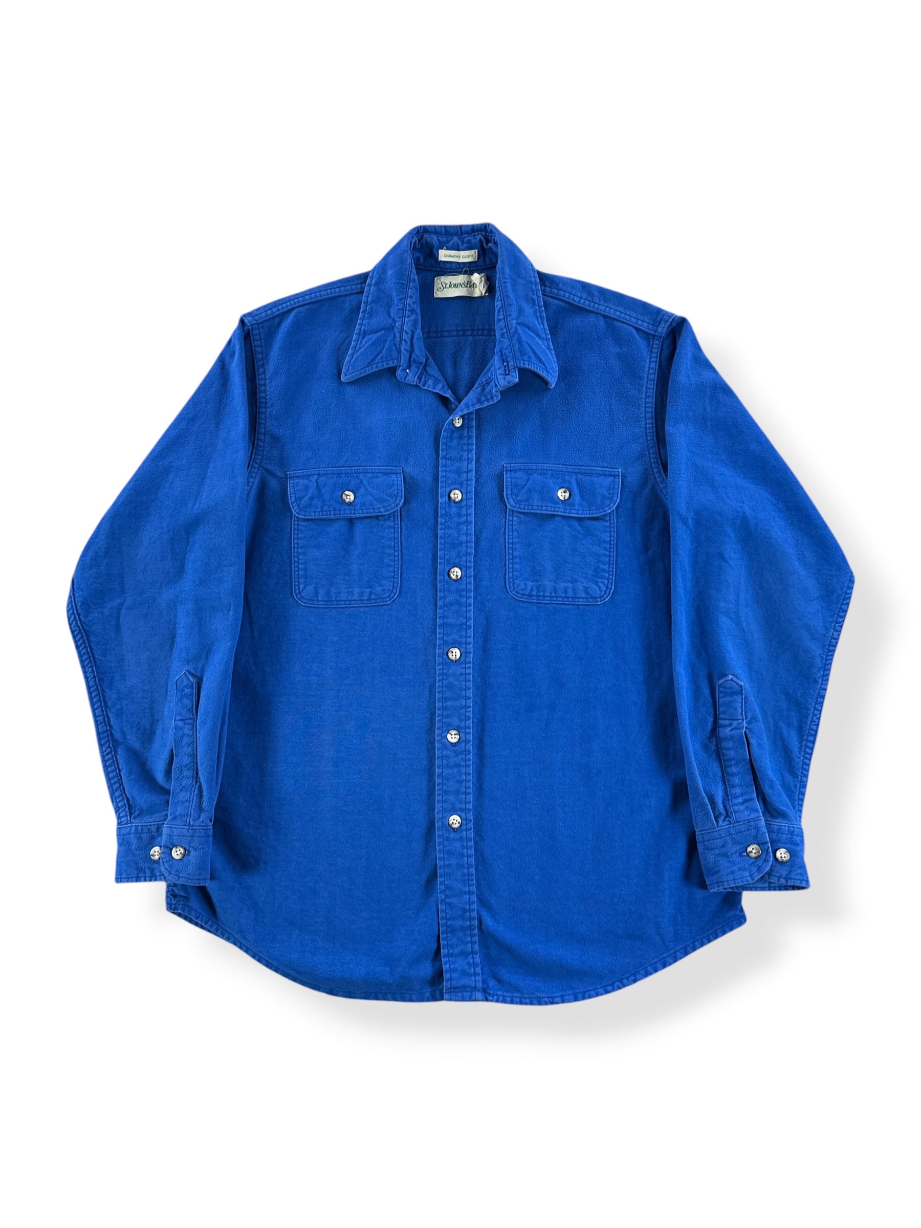 Front of Vintage St. Johns Bay Blue Chamois Shirt SZ L