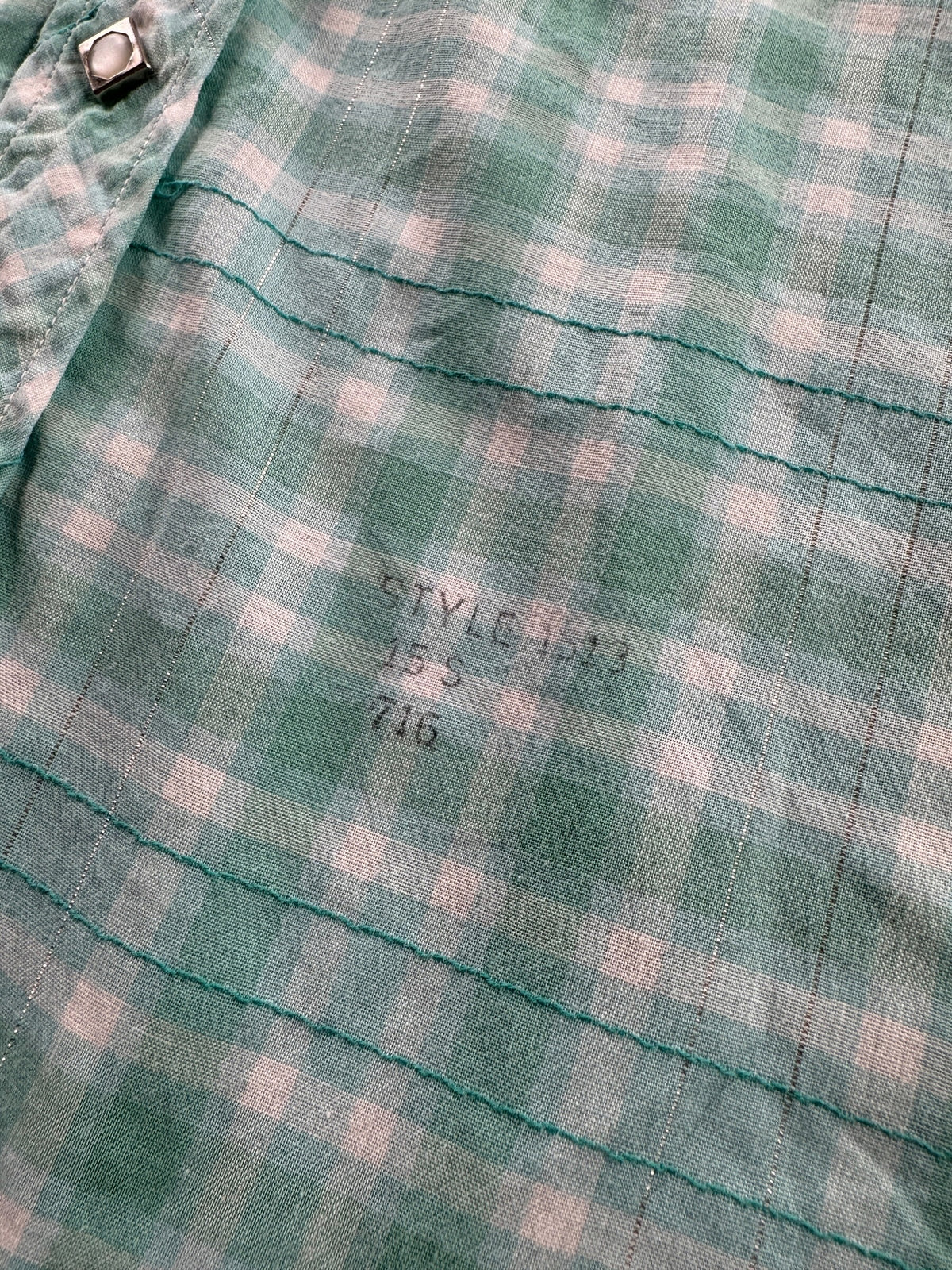 Stencil on front of Vintage Karman Dan River Cloth Western Shirt SZ 15