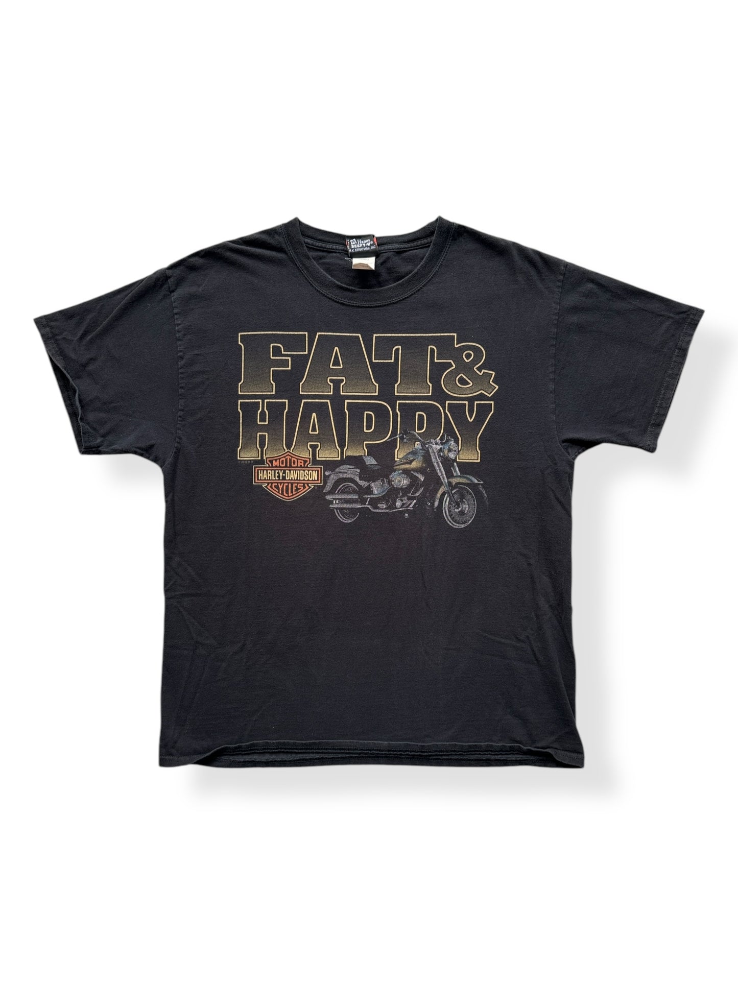 Front of Fat and Happy Williamsport Harley Davidson Motorcycle Tee SZ L