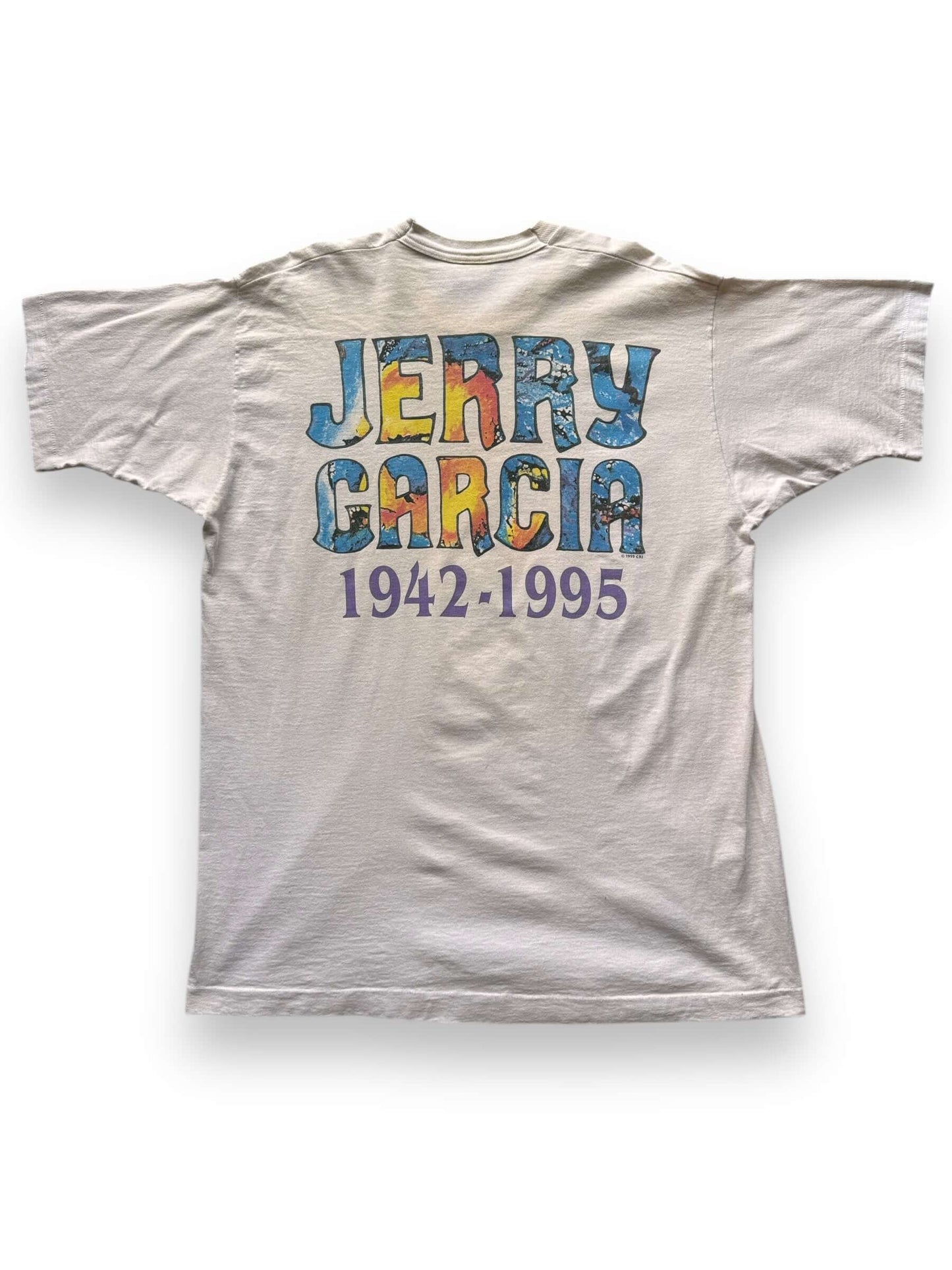 back of Vintage Jerry Garcia Memorial Liquid Blue Tee SZ XL