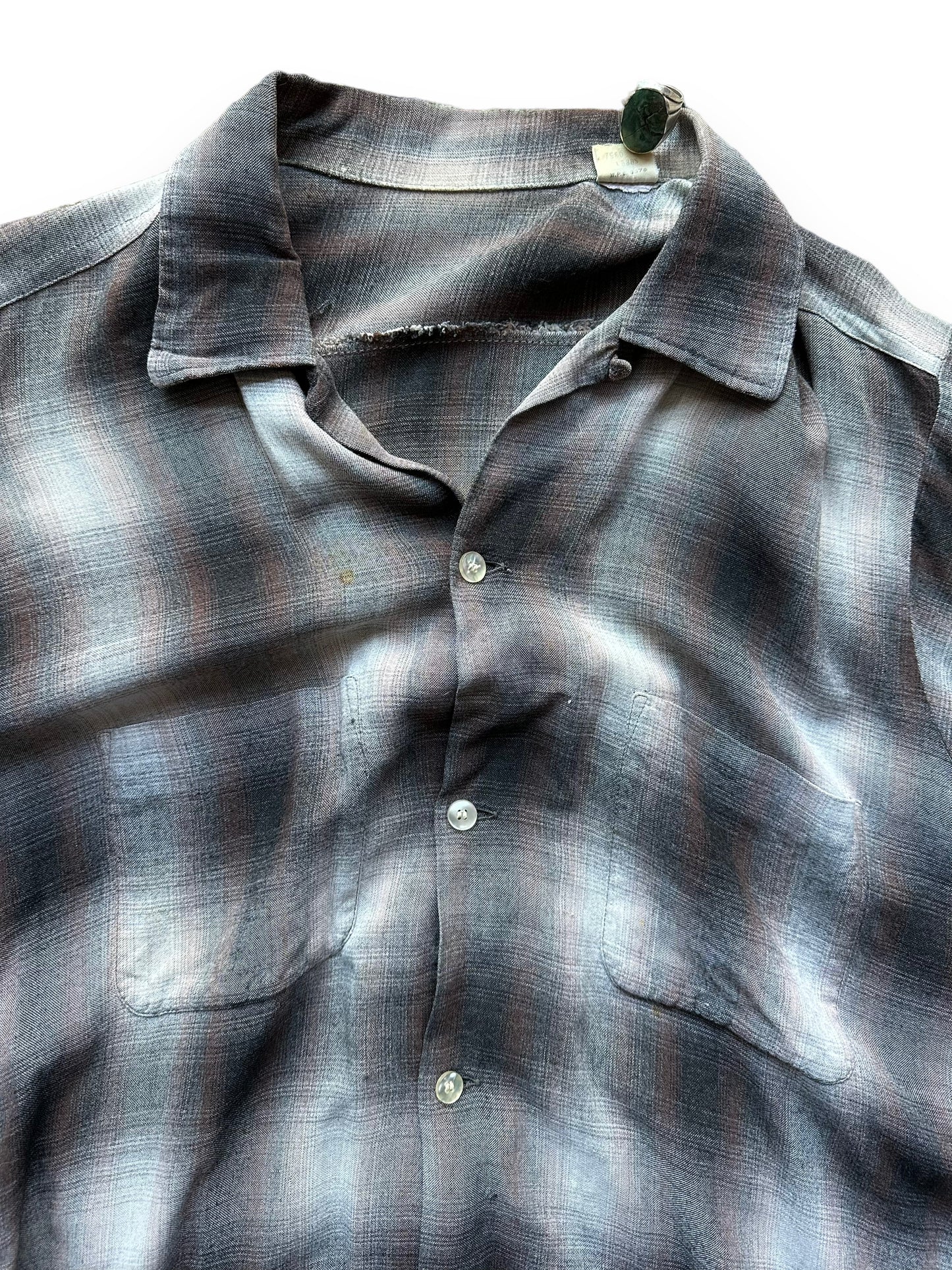 Upper Front View as well as slight stain on Vintage Arrow Chevella Shadow Plaid Rayon Shirt SZ L | Vintage Rayon Shirt Seattle | Barn Owl Vintage Seattle