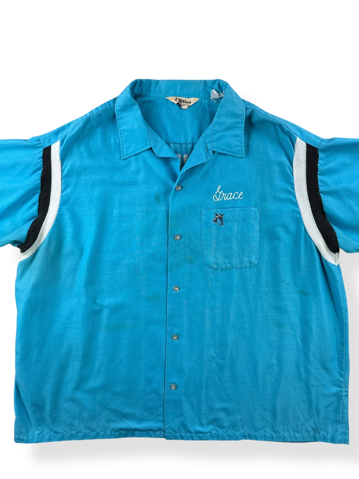 Front Close Up of Vintage Big Grace Bowling Shirt SZ XXXL