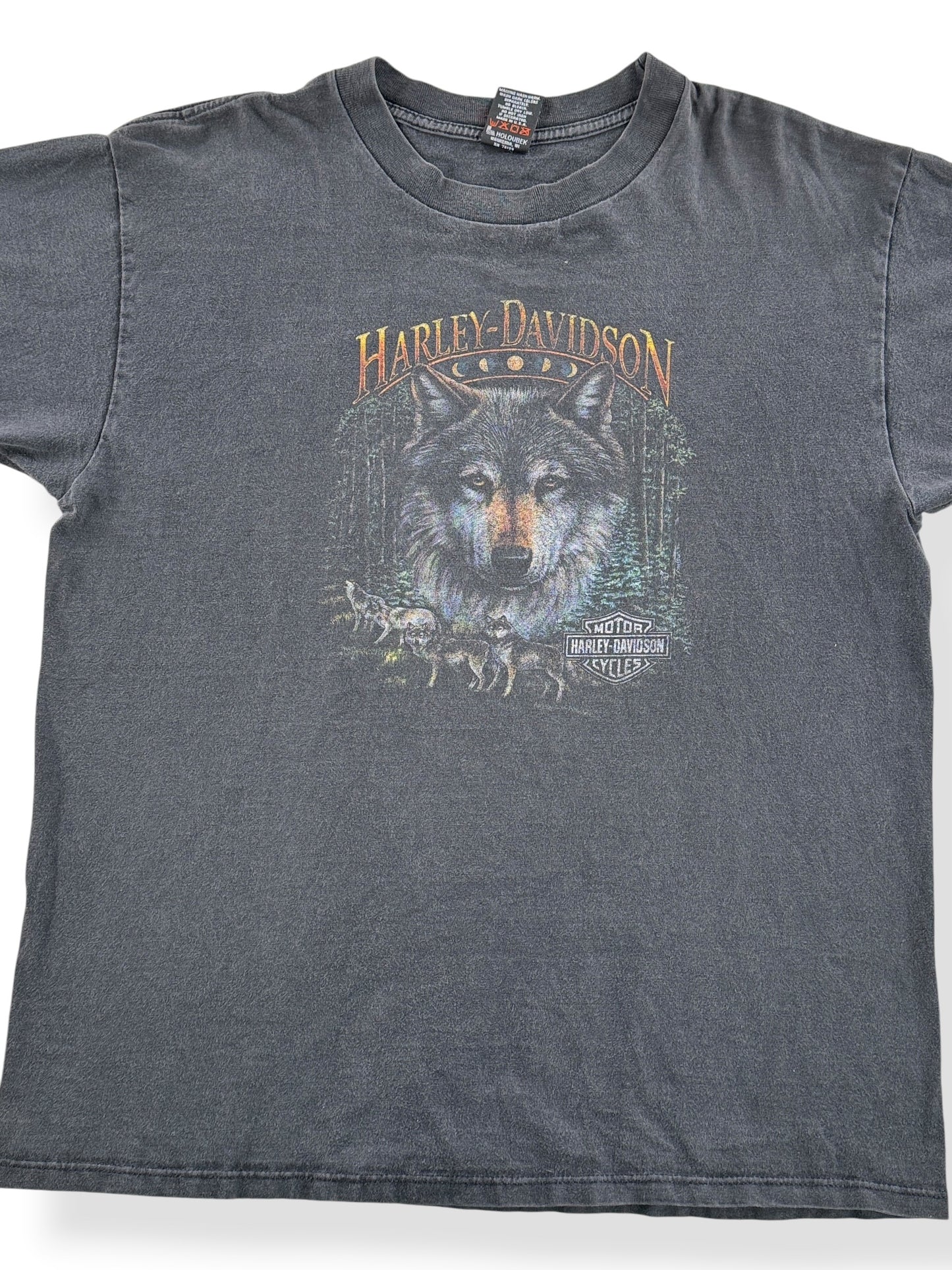 Front Close Up of Vintage 90s Pike Wolf Harley Tee SZ XL