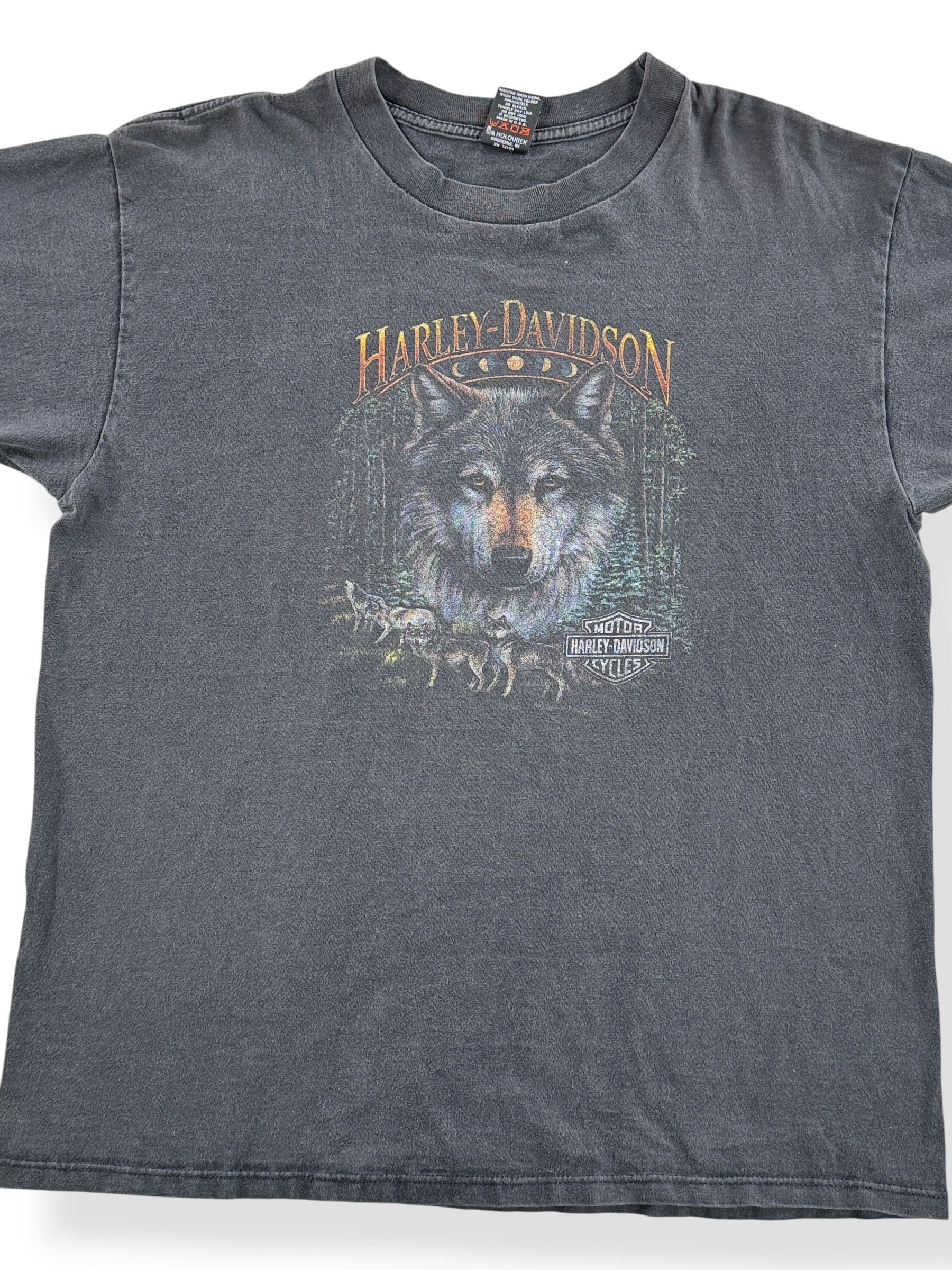 Front Close Up of Vintage 90s Pike Wolf Harley Tee SZ XL