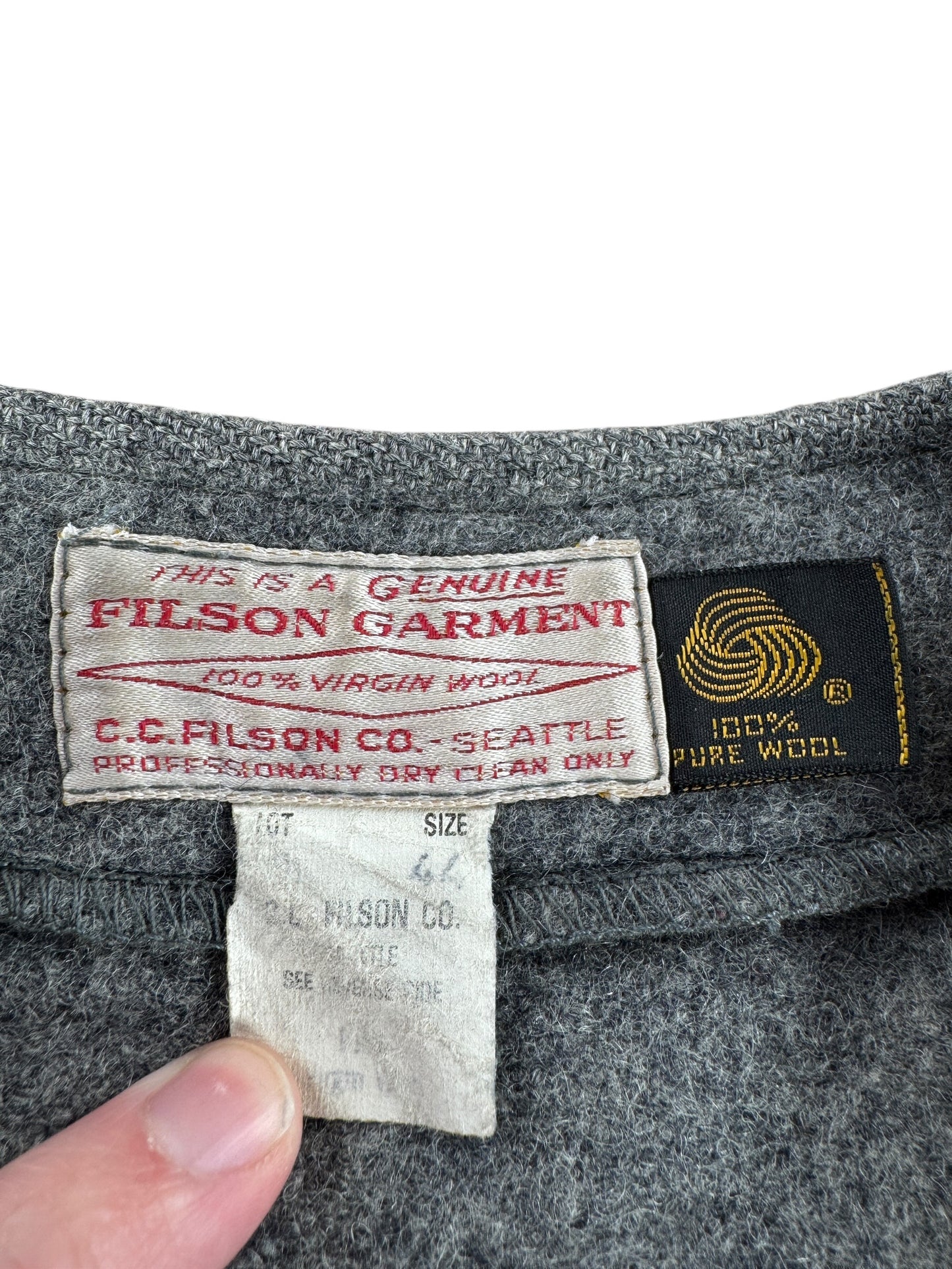 Tag on Vintage Filson 80s Era Grey Wool Vest SZ 44