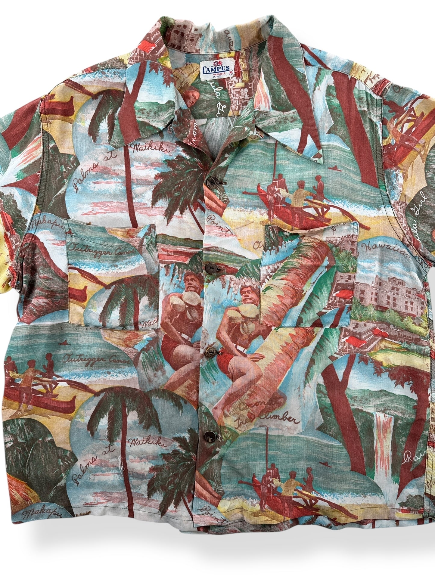 Front Close Up of Vintage Campus Photo Aloha Shirt SZ M