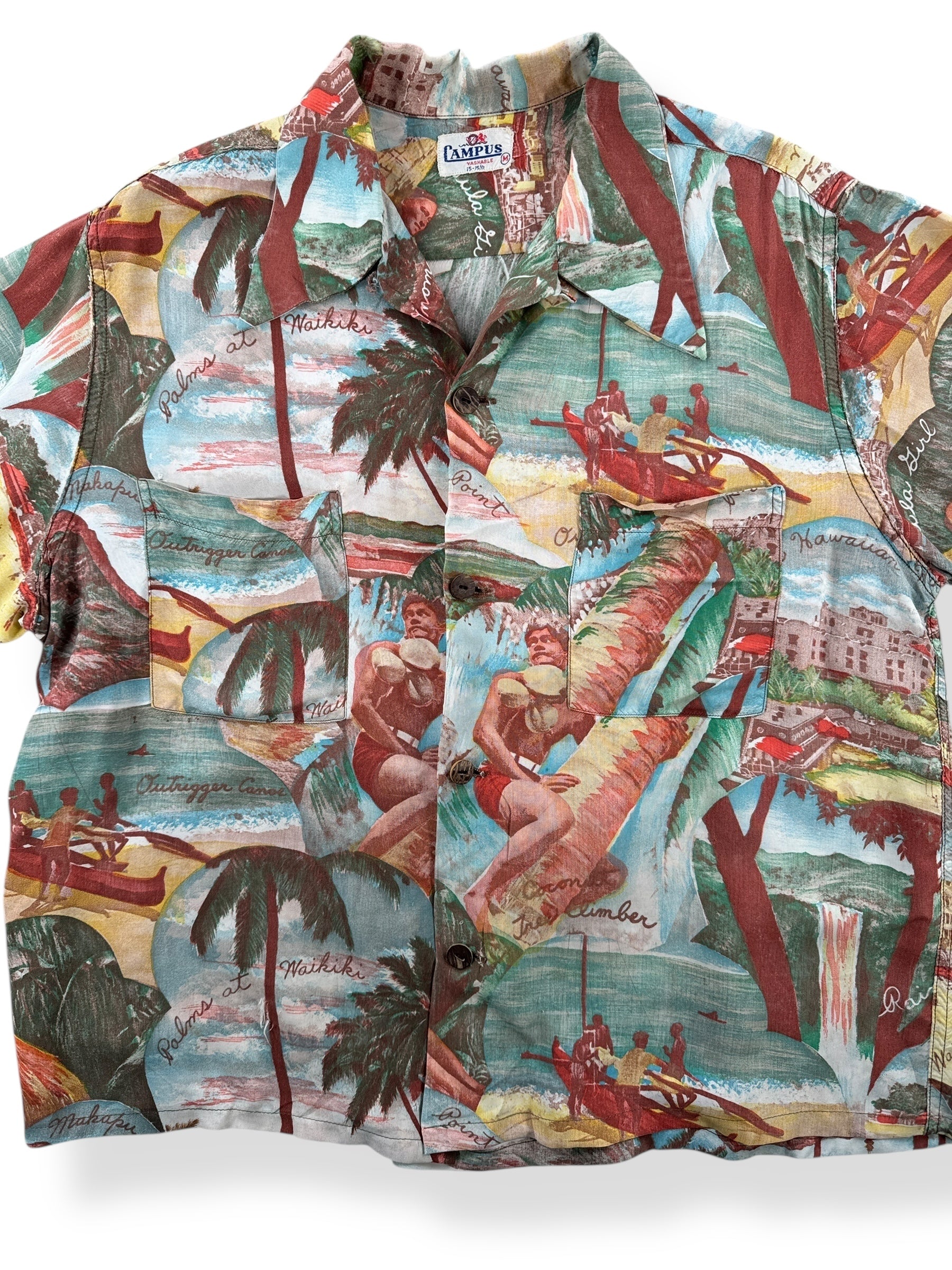 Front Close Up of Vintage Campus Photo Aloha Shirt SZ M