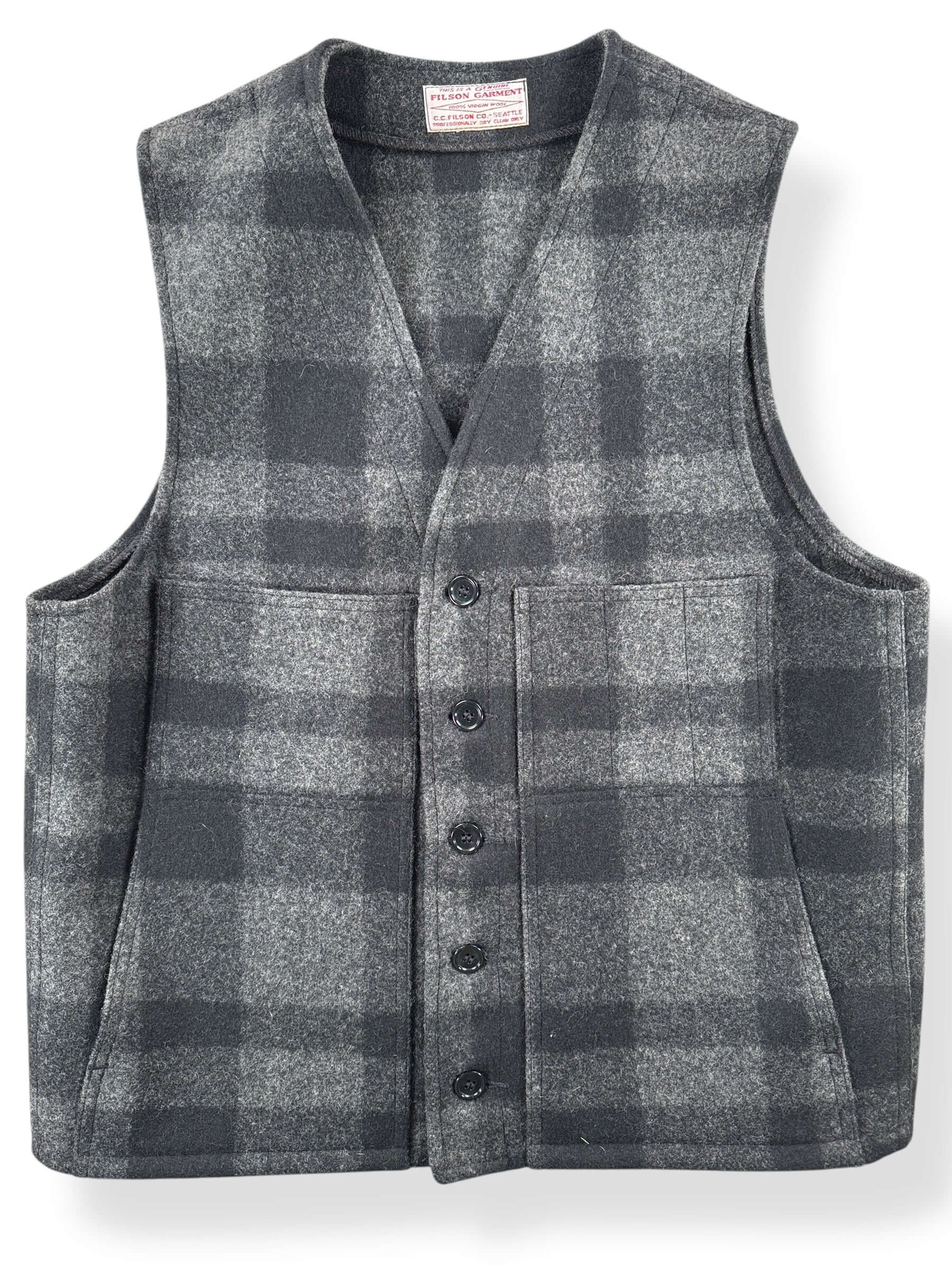 Front Close Up of Vintage Filson Charcoal Plaid Mackinaw Vest SZ M