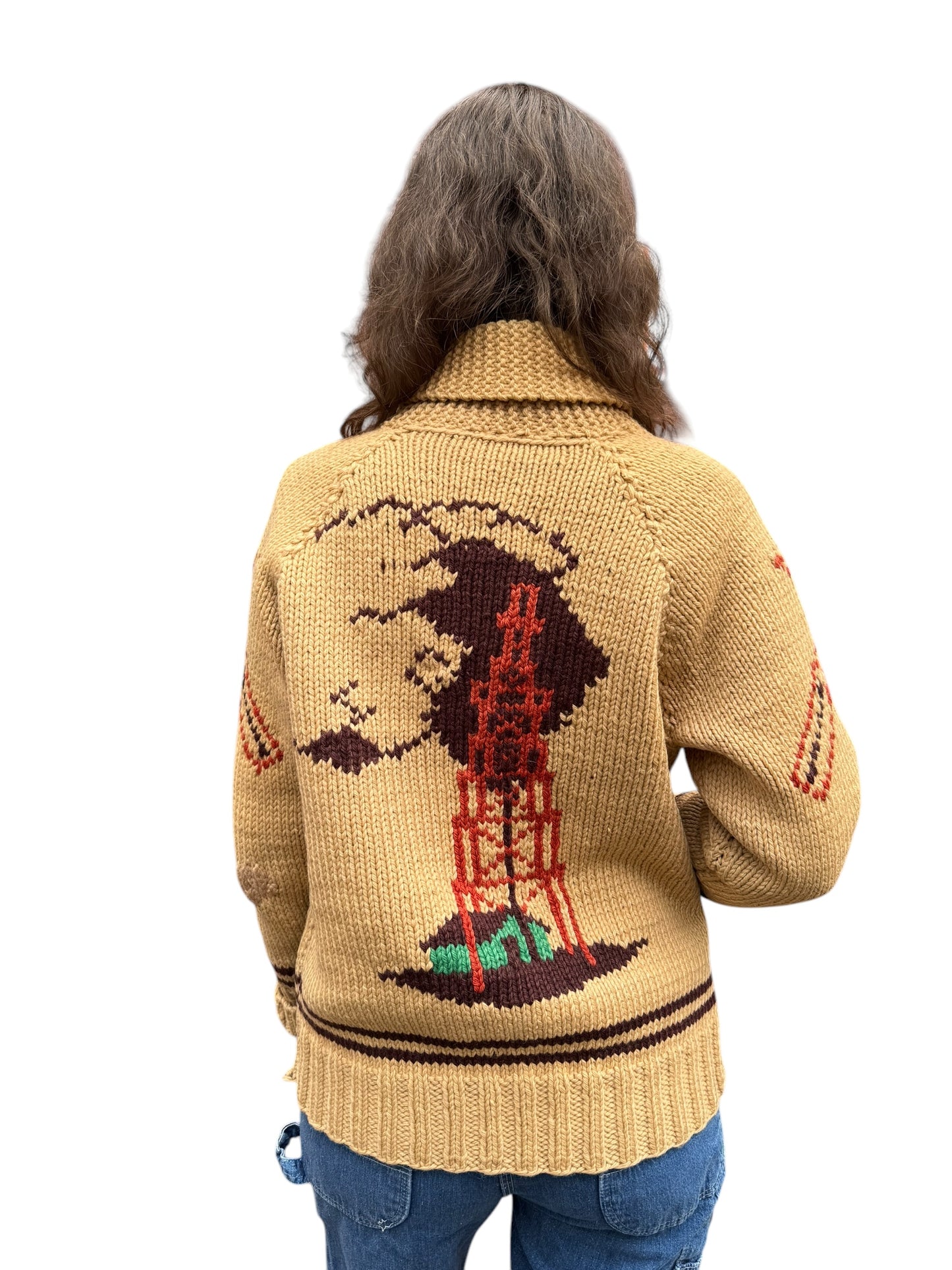 Back model view of Vintage Oil Derrick Themed Cowichan Style Sweater SZ M