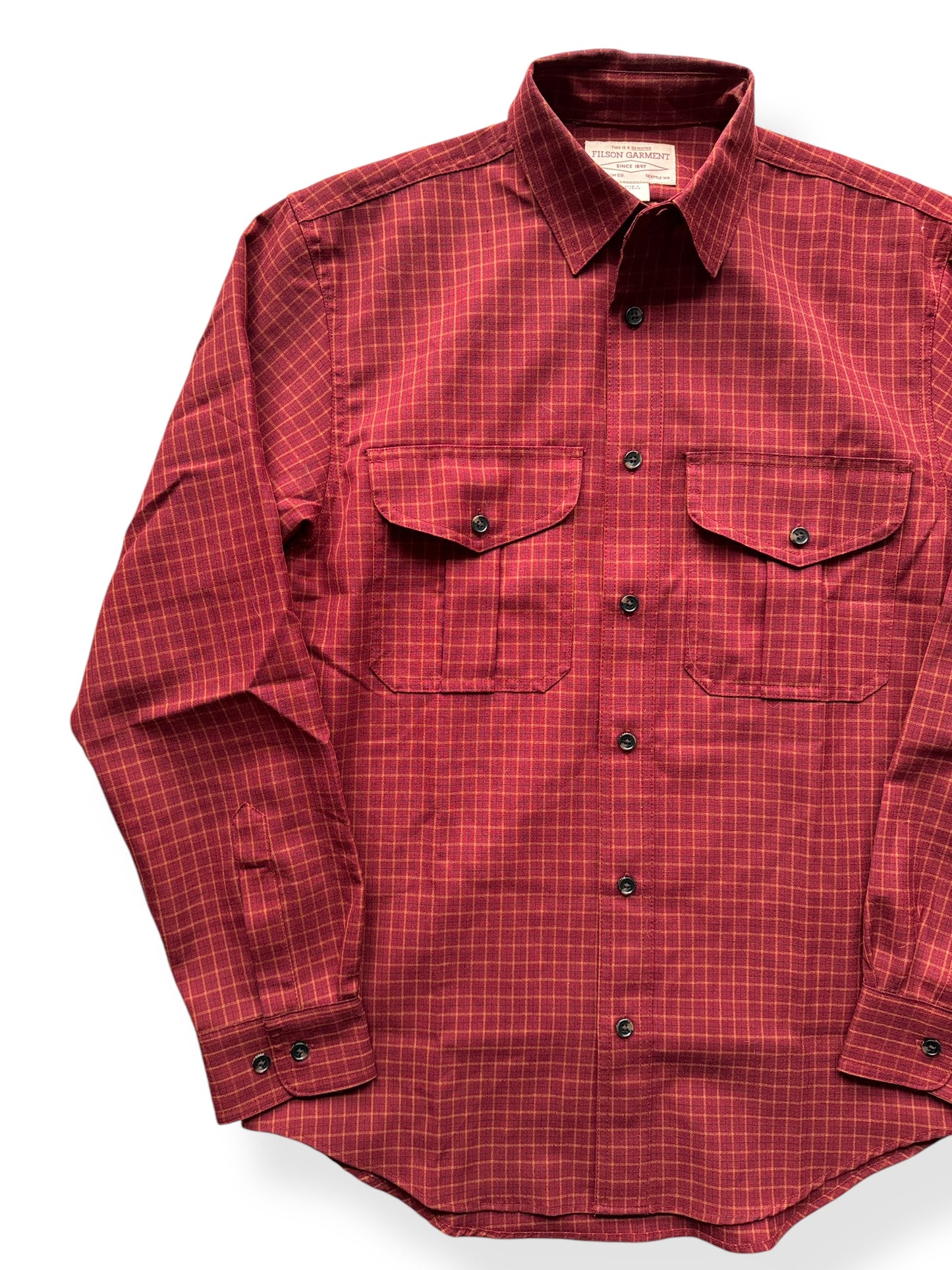 Front Right of Filson Merino Wool Red Gold Plaid Guide Shirt SZ S