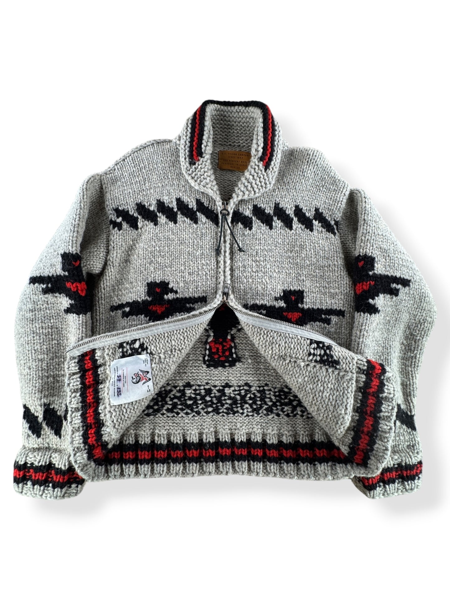 Inside / duel zipper showcase on Filson Limited Edition Thunderbird Cowichan Style Sweater SZ M