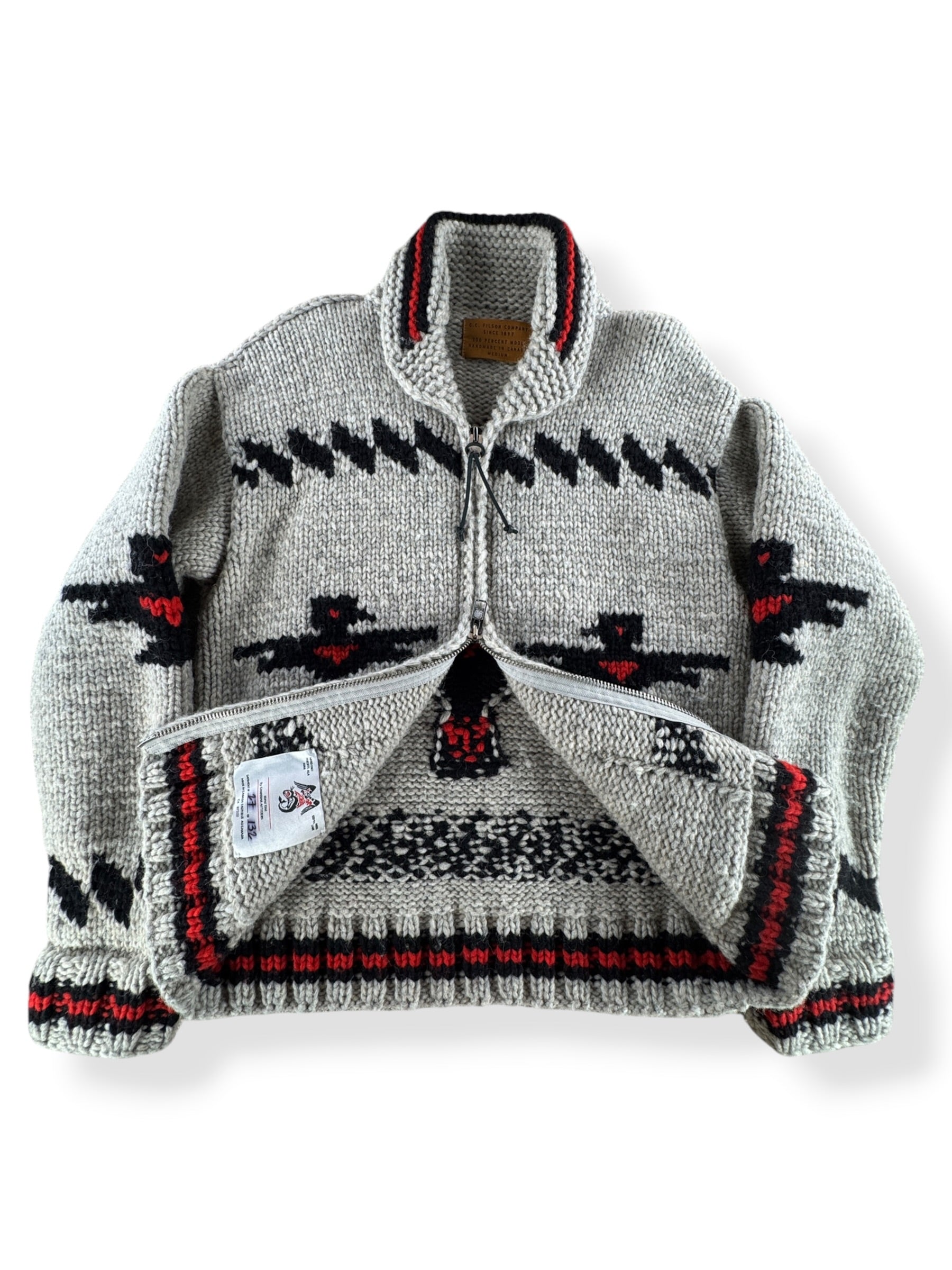 Inside / duel zipper showcase on Filson Limited Edition Thunderbird Cowichan Style Sweater SZ M