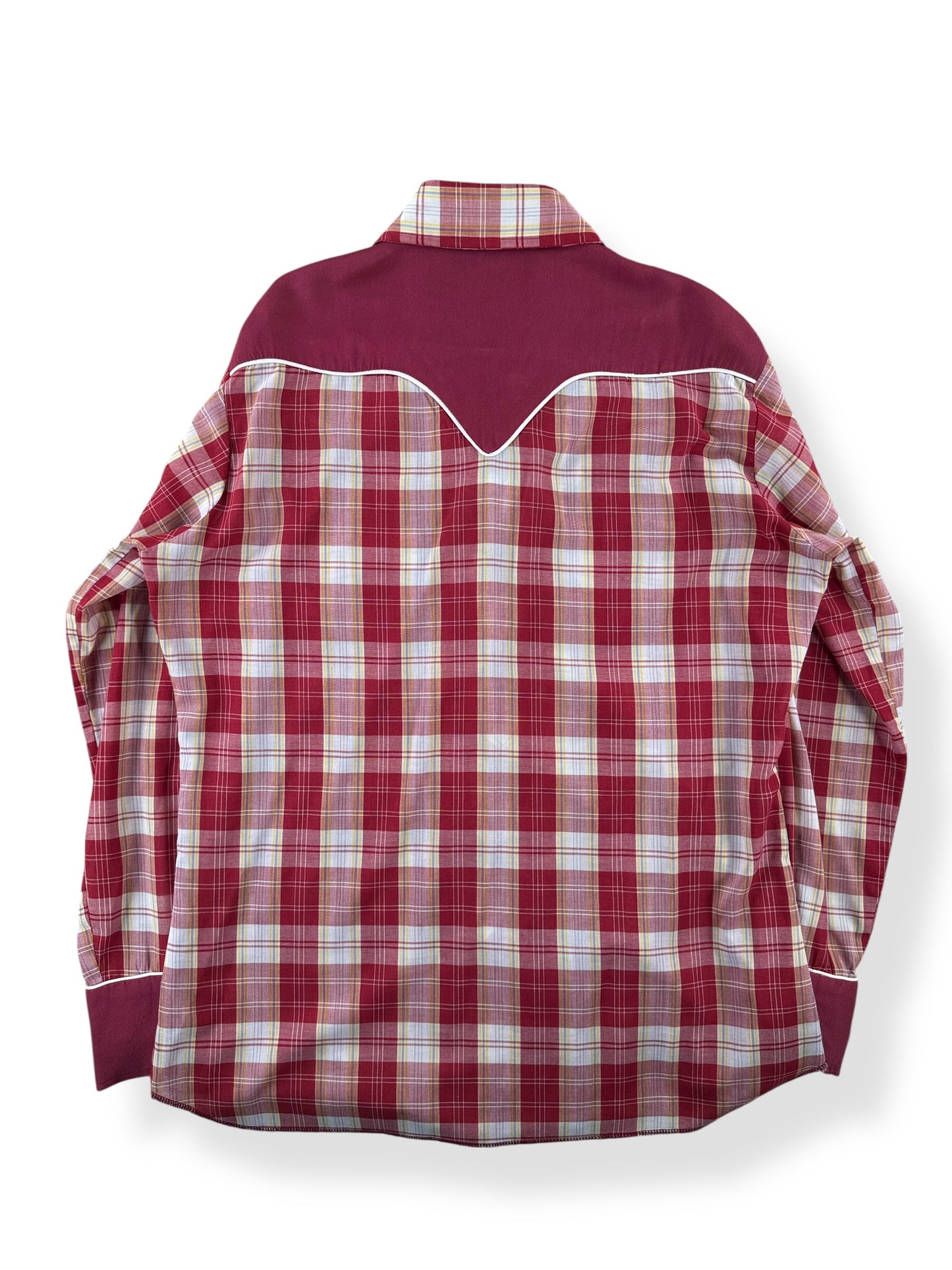 Back of Vintage H Bar C Red Plaid Pearl Snap SZ L