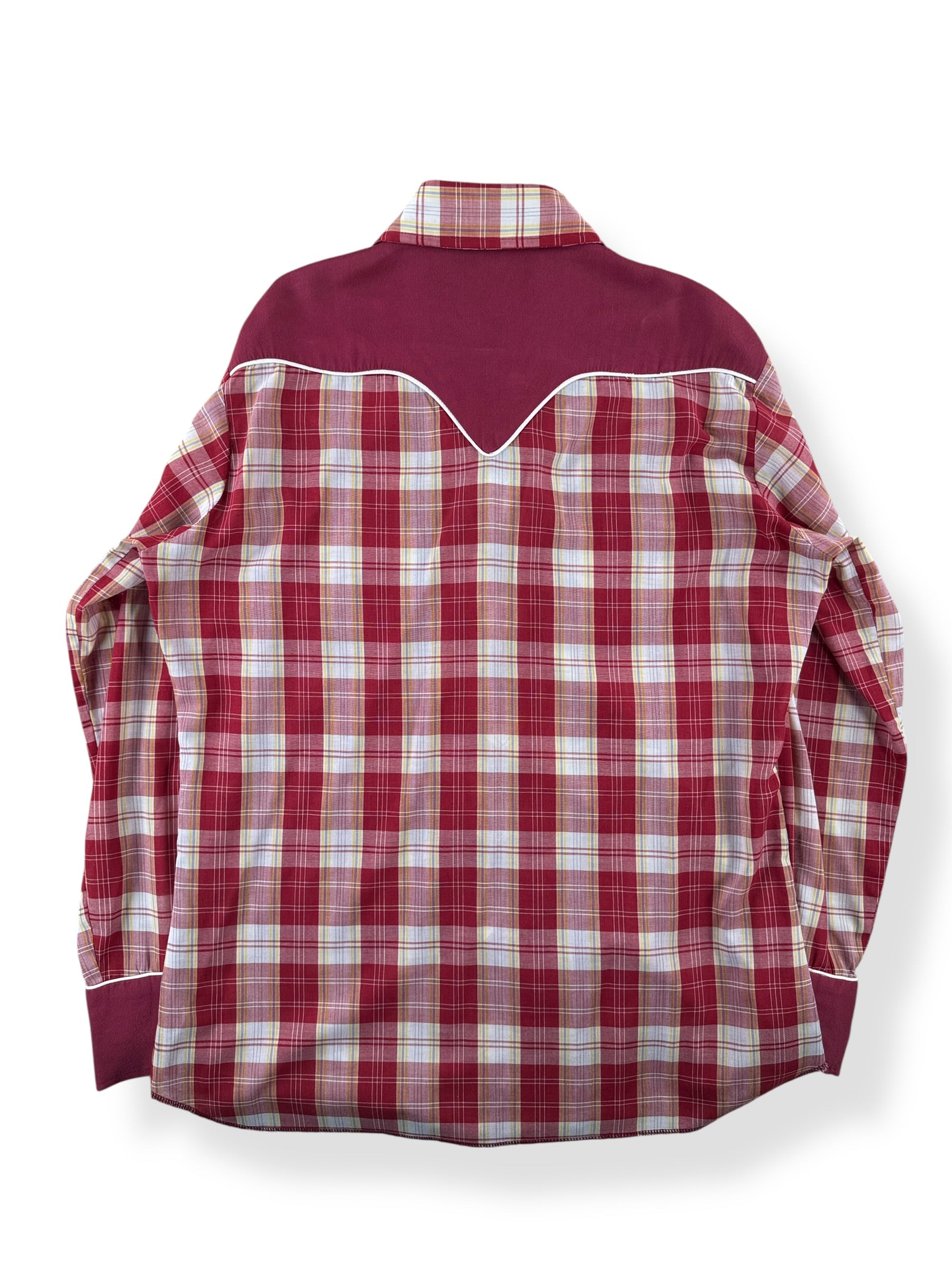 Back of Vintage H Bar C Red Plaid Pearl Snap SZ L