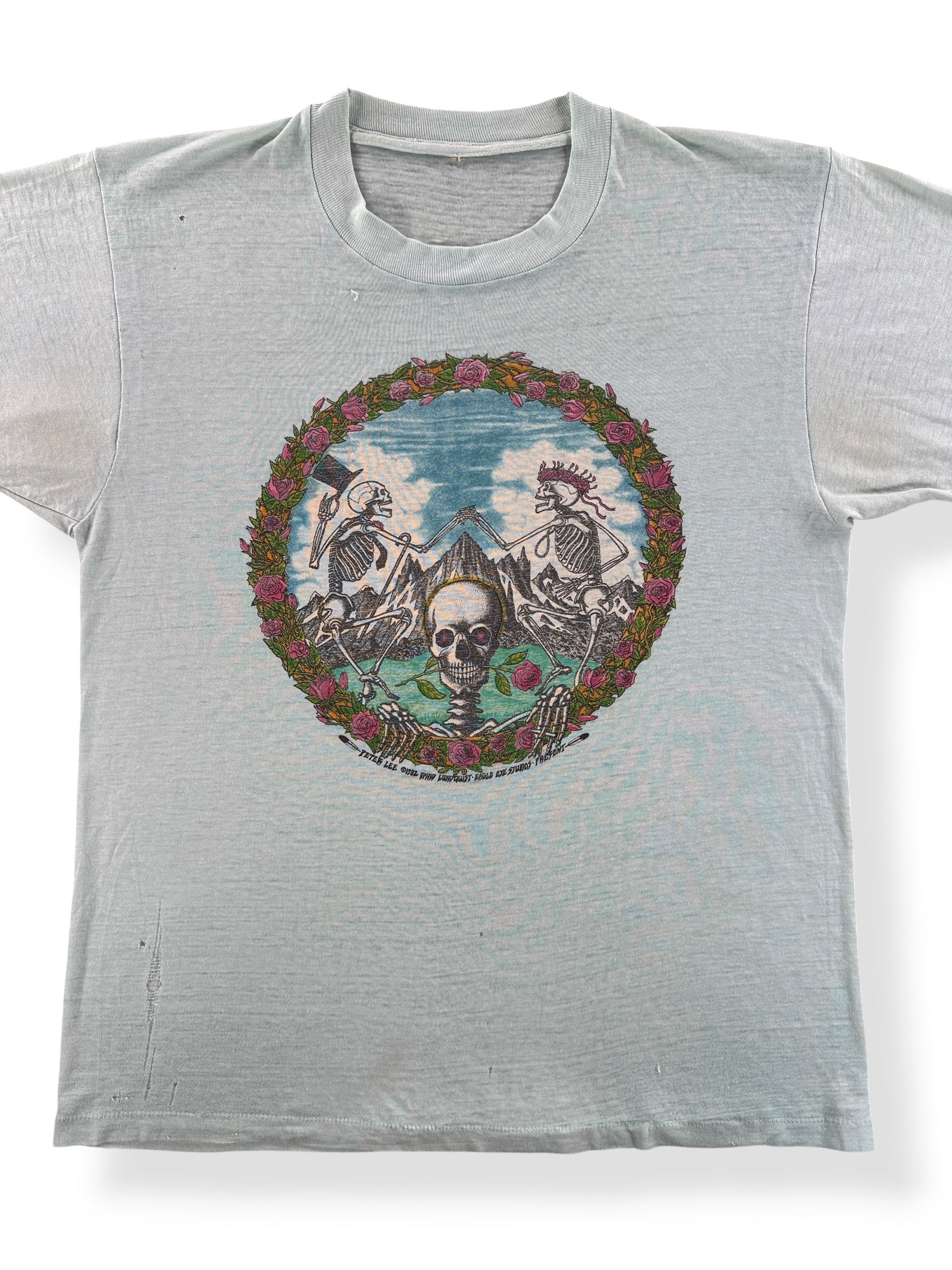 Front Close Up of Vintage 1982 Peter Lee Grateful Dead Dancing Skeletons Tee SZ M