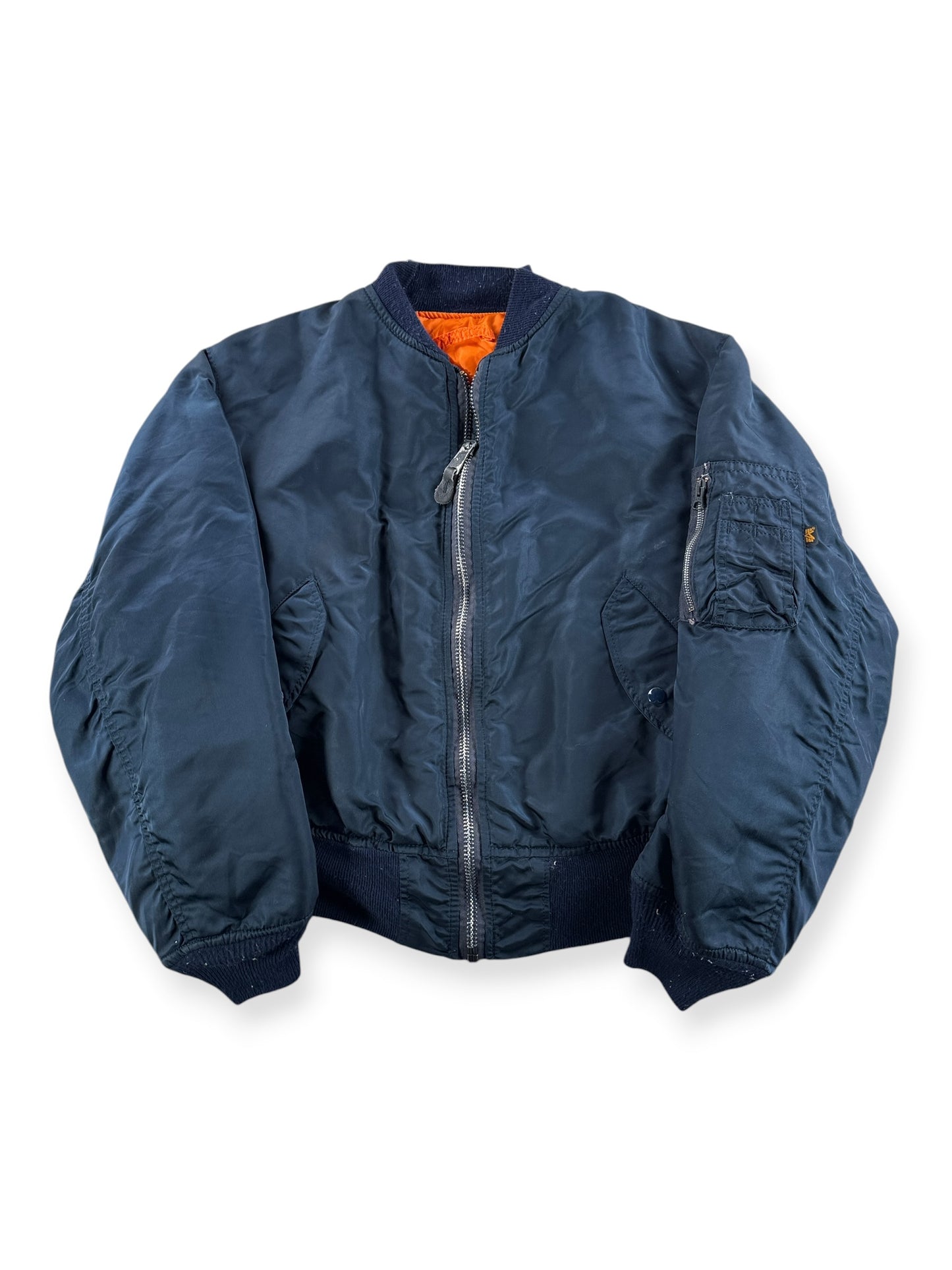 Front of Vintage Navy Blue Alpha Industries Bomber Jacket SZ L