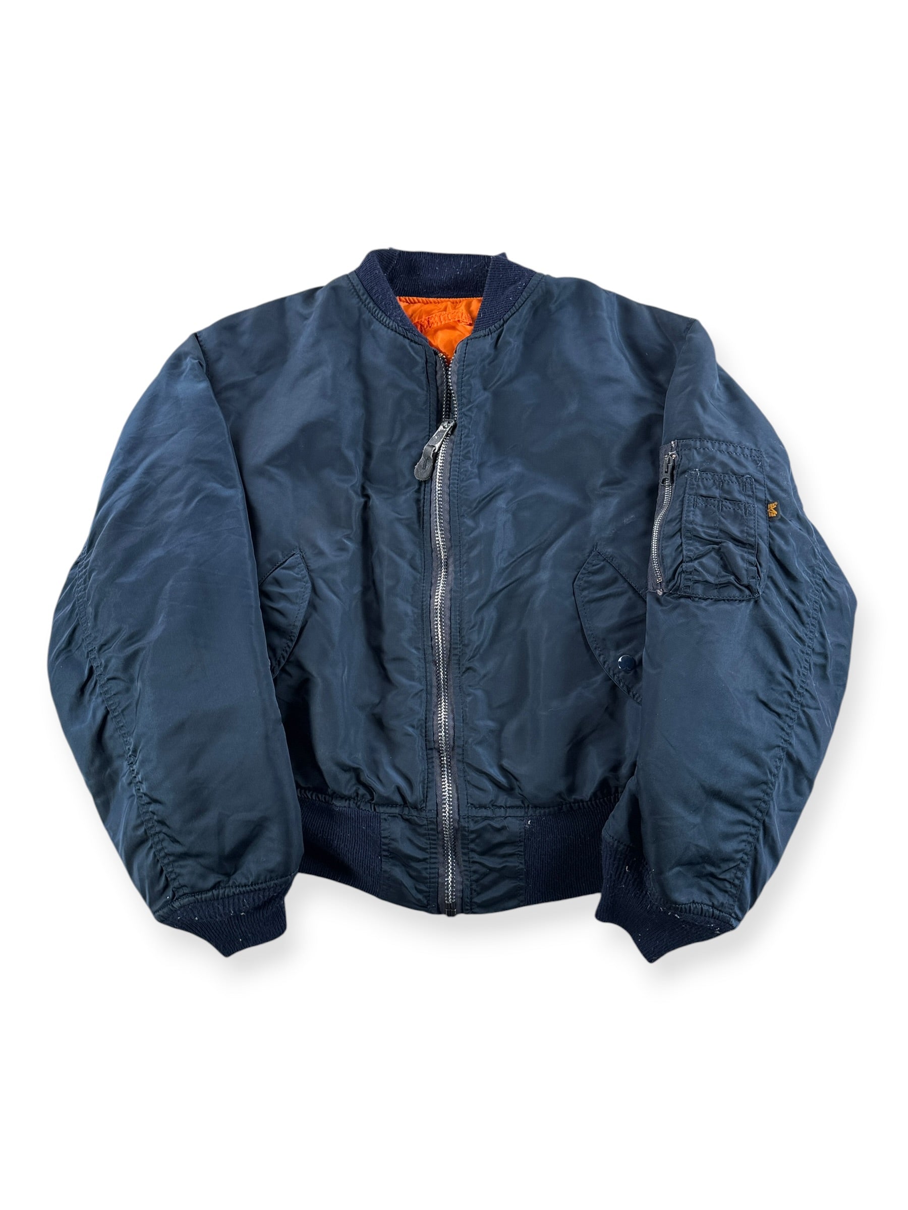 Front of Vintage Navy Blue Alpha Industries Bomber Jacket SZ L
