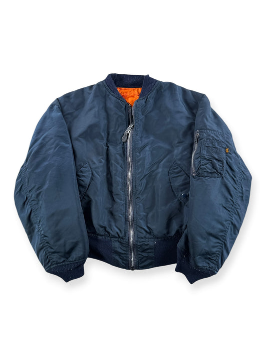 Front of Vintage Navy Blue Alpha Industries Bomber Jacket SZ L