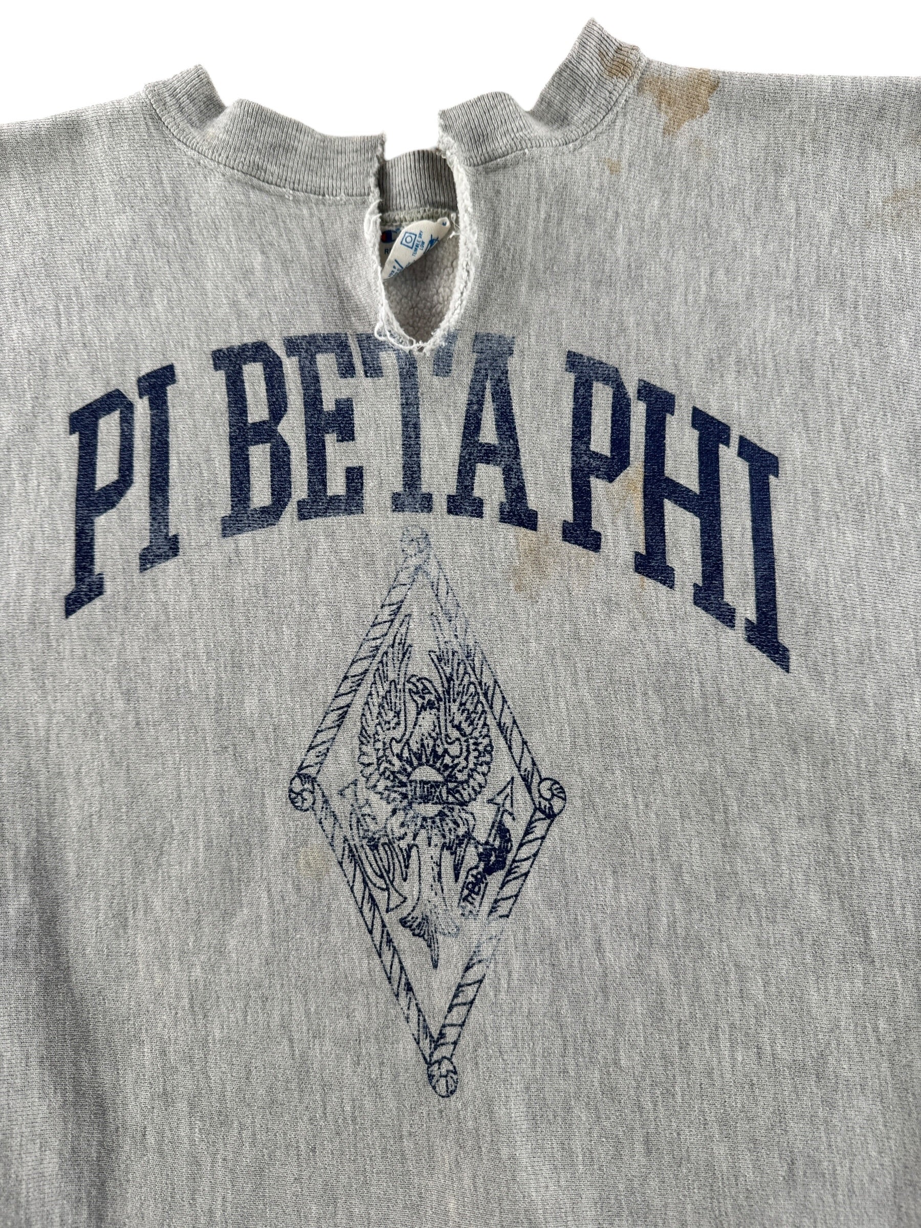 Graphic of Vintage 80s Thrashed Frat Champion Reverse Weave Crewneck SZ L