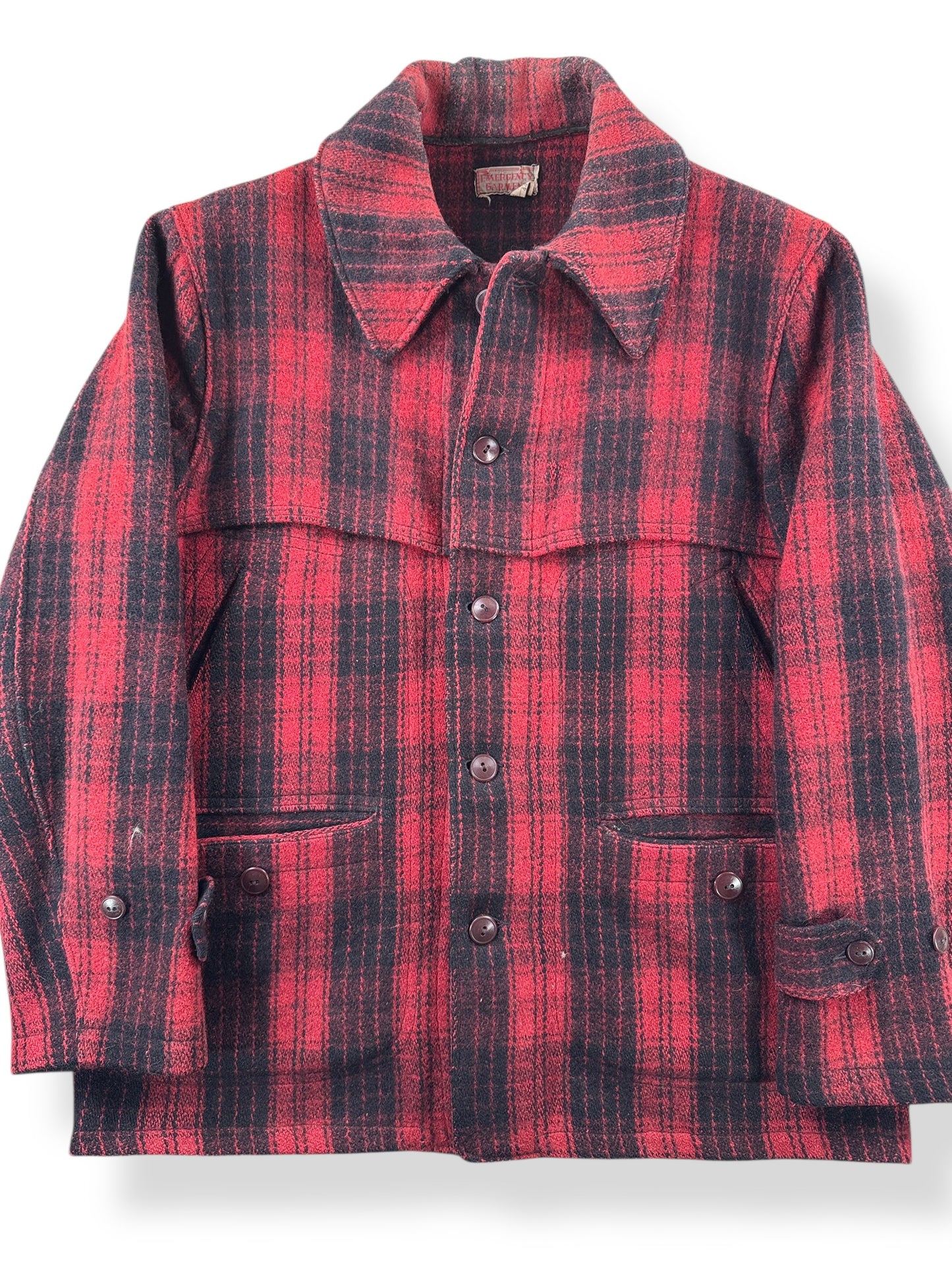 Front Close Up of Vintage "Emergency Garment" 40s/50s Wool Jacket SZ L