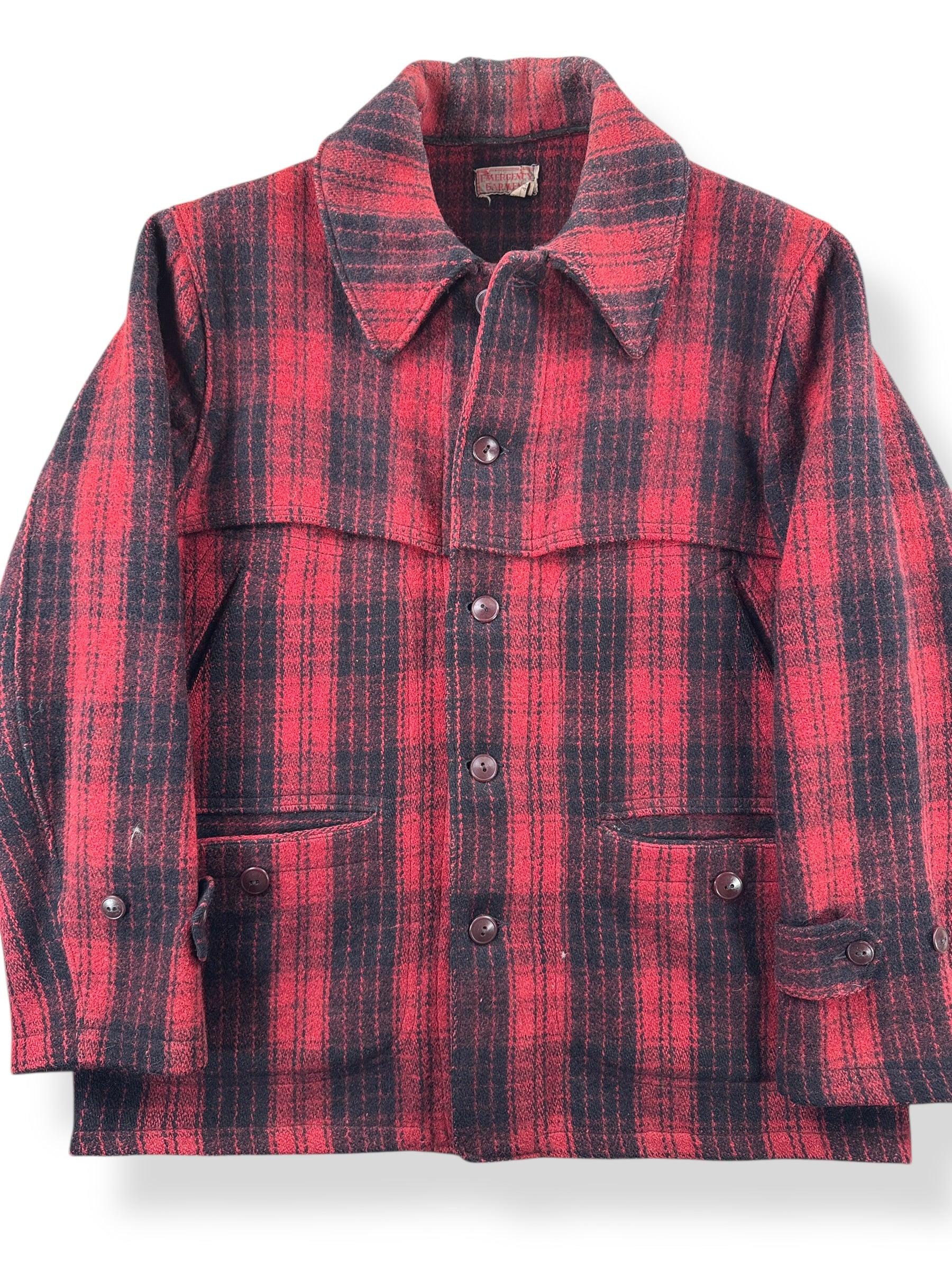 Front Close Up of Vintage "Emergency Garment" 40s/50s Wool Jacket SZ L