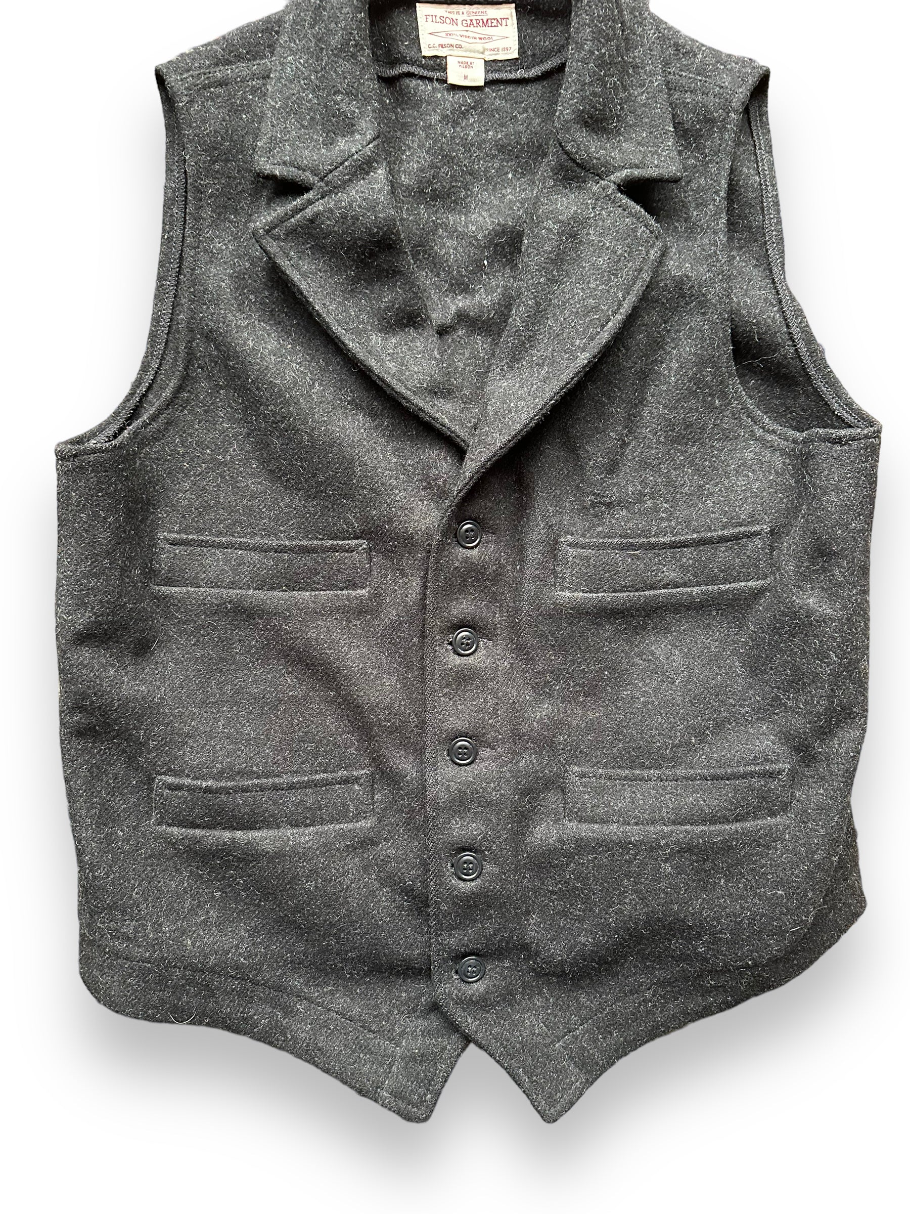 Lower Front View of Filson Western Style Charcoal Mackinaw Vest SZ M |  Barn Owl Vintage Goods | Vintage Filson Workwear Seattle