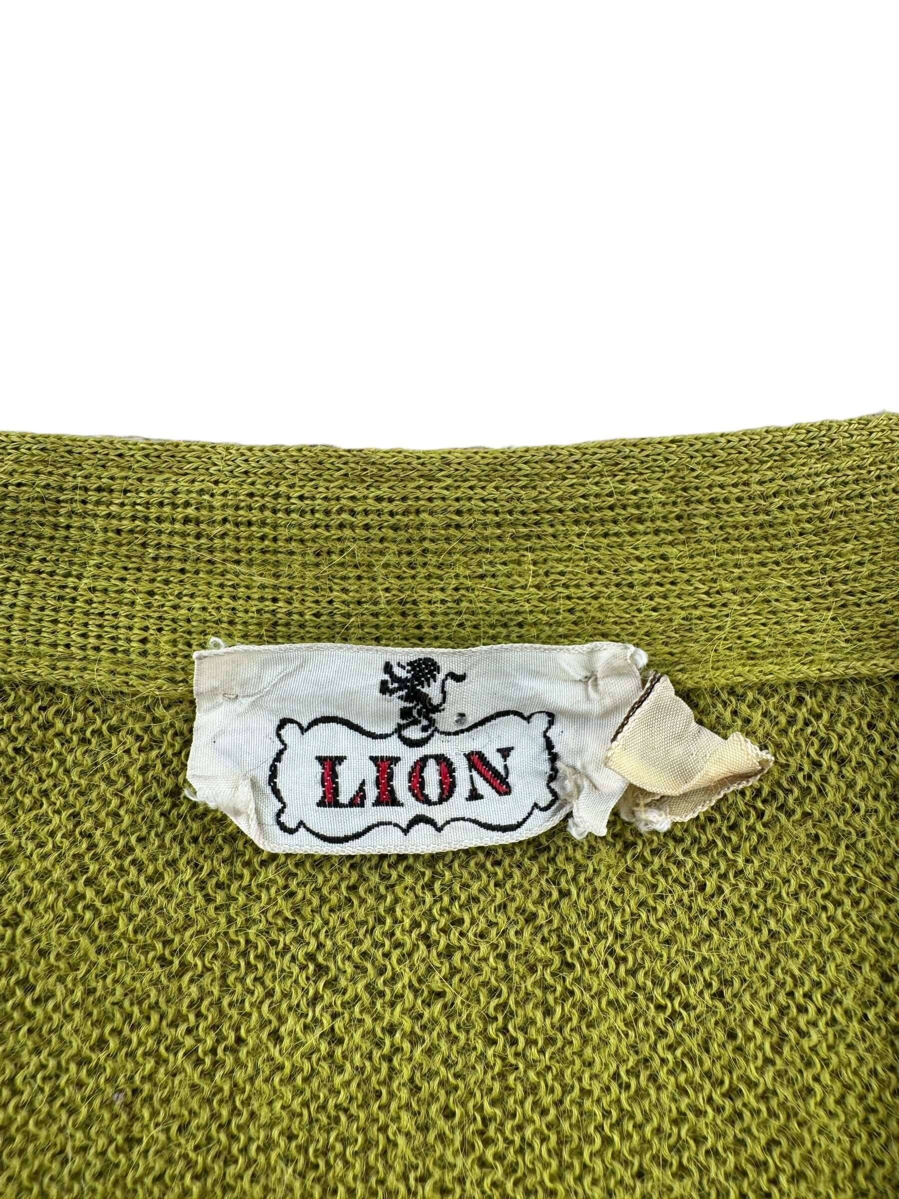 Tag on Vintage Lion Brand Chartreuse Green Alpaca Cardigan SZ L