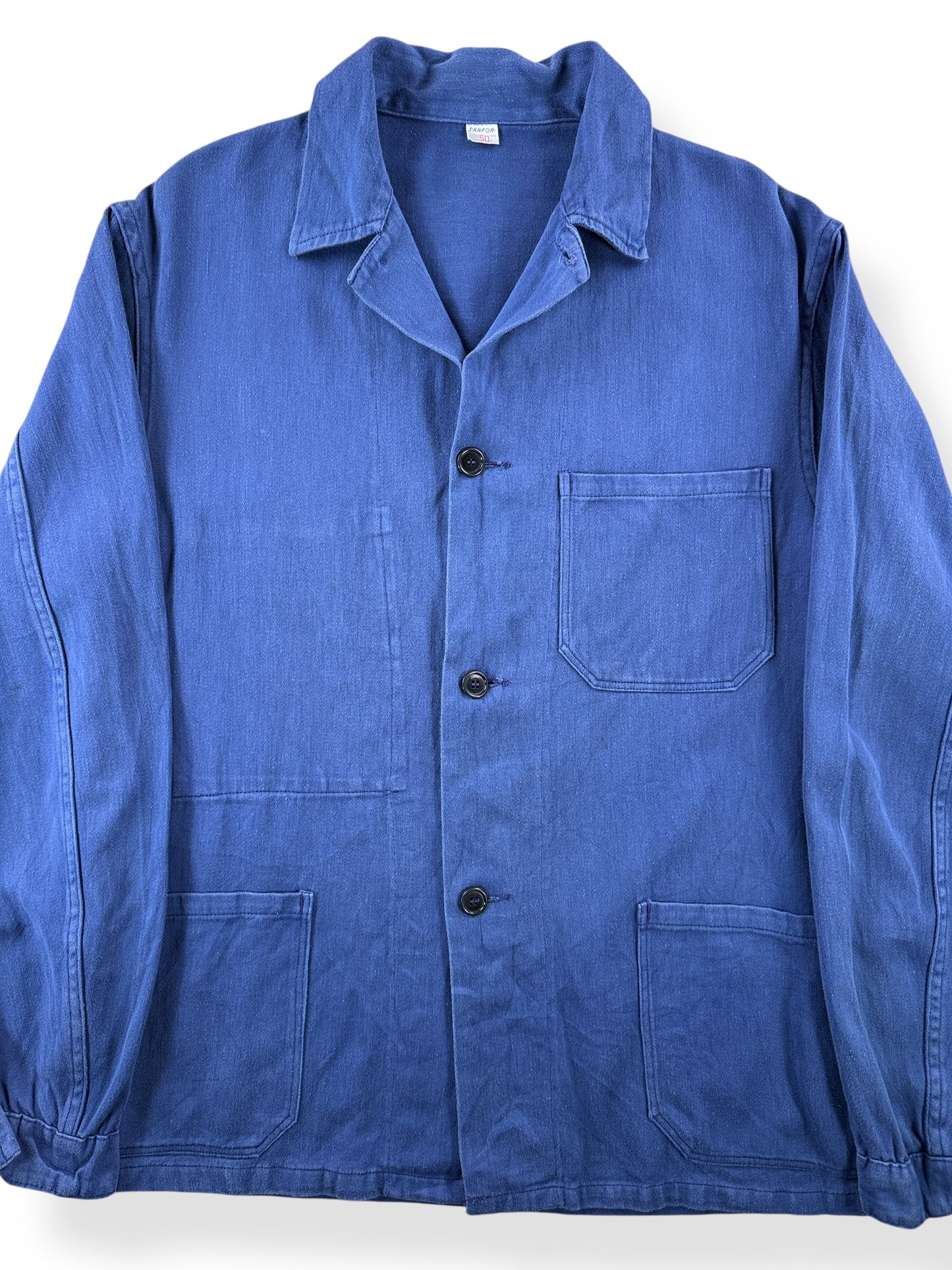 Front Close Up of Vintage Sanfor Deep Blue French Chore Coat SZ M