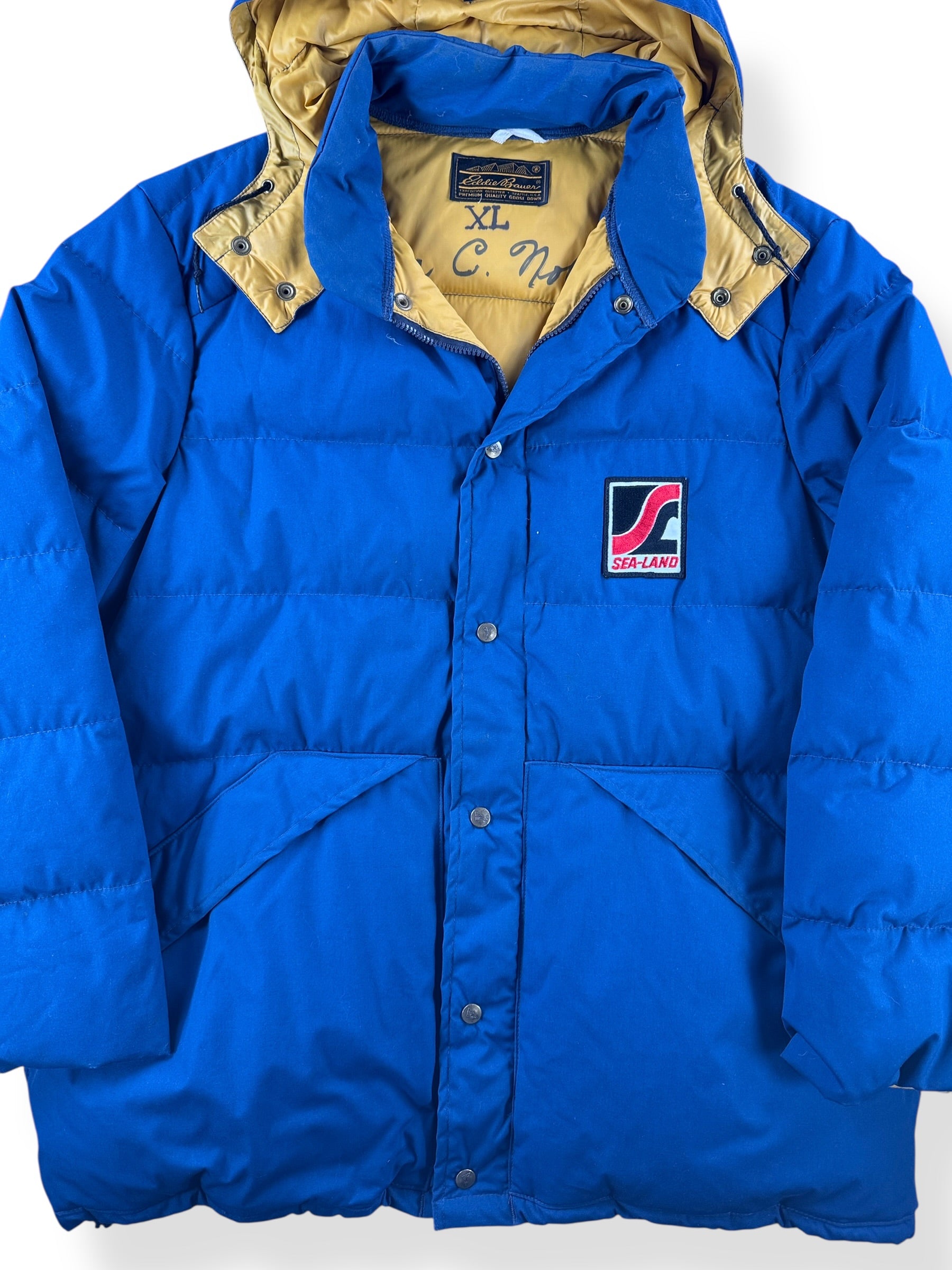 Front Close Up of Vintage Eddie Bauer Blue Down Parka SZ XL