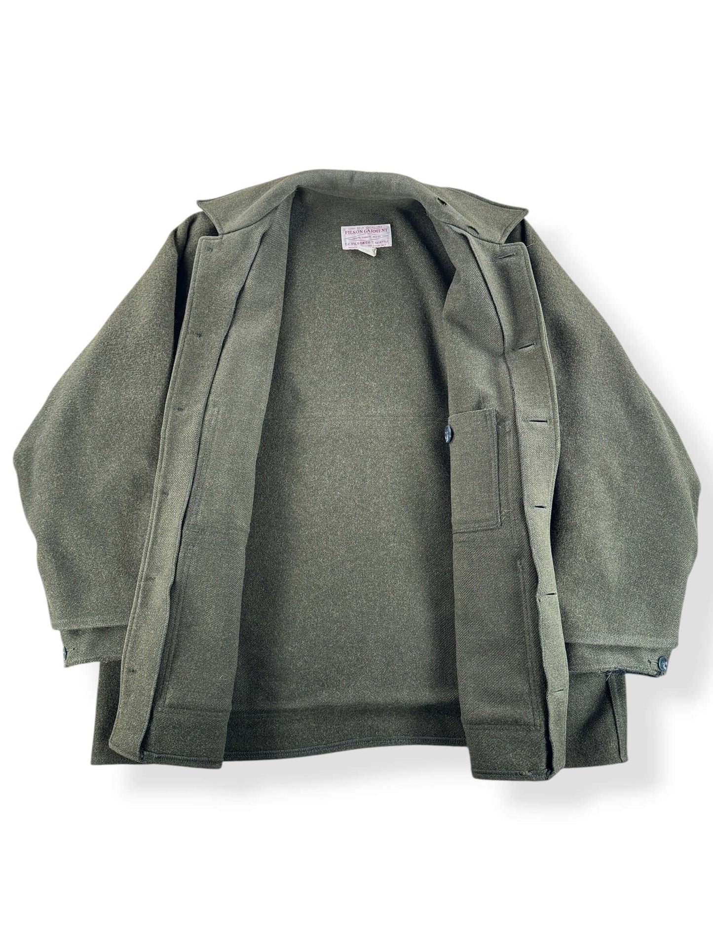 Inside of Vintage 90s Era Filson Olive Green Double Mackinaw Jacket SZ 48