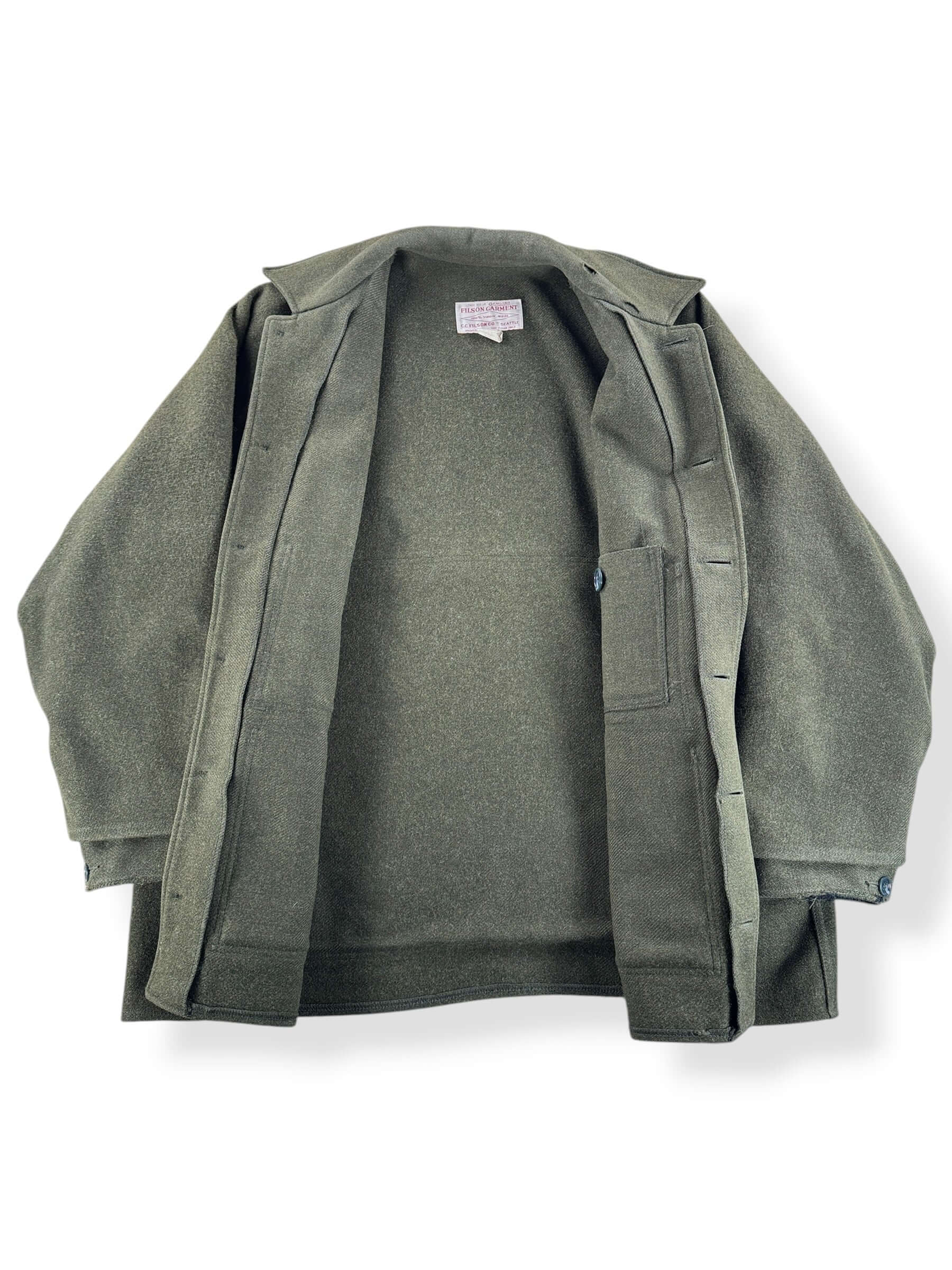 Inside of Vintage 90s Era Filson Olive Green Double Mackinaw Jacket SZ 48