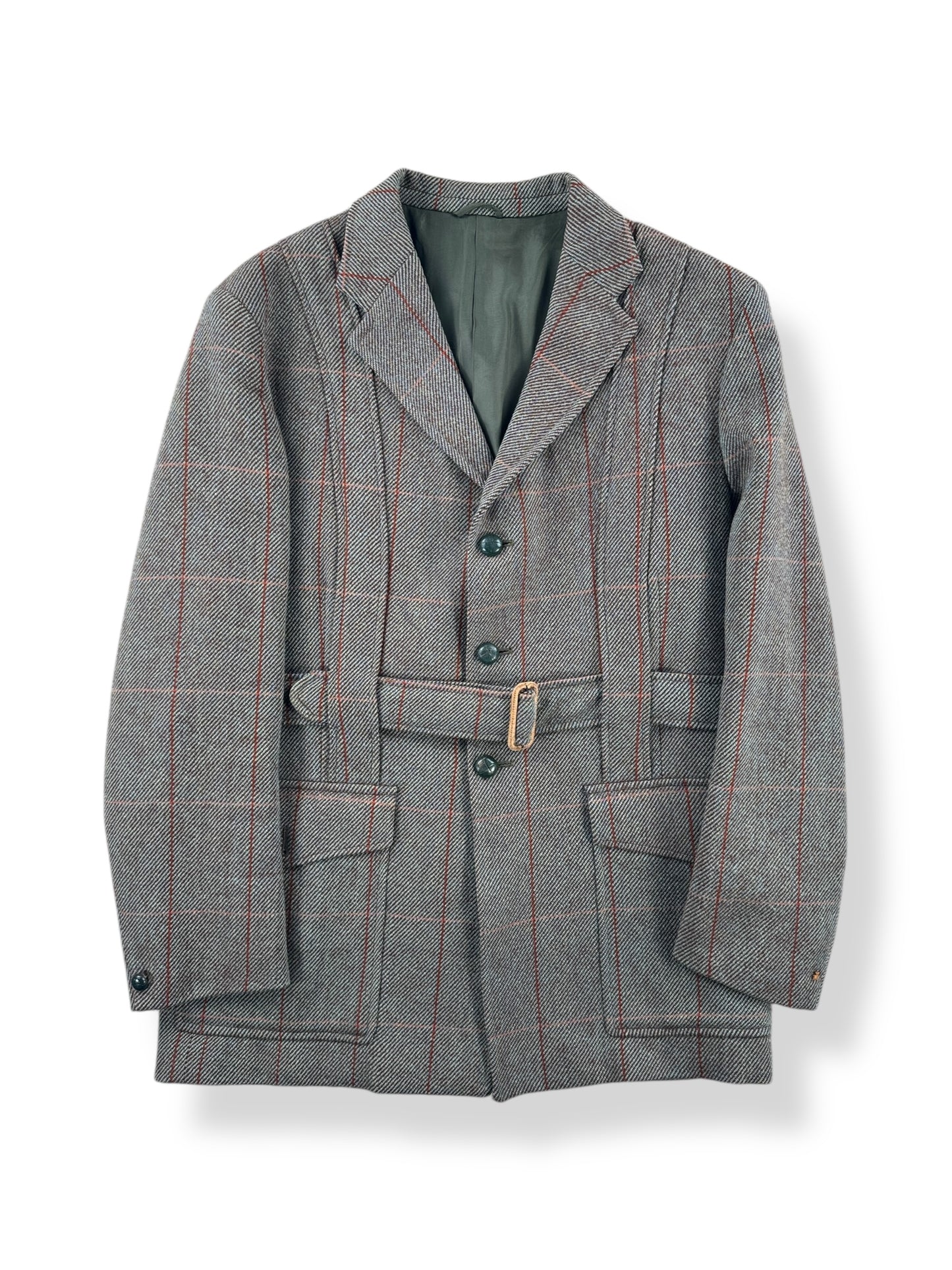 Front of Vintage P & J Haggart Scottish Woolen Belted Hunting Jacket SZ M