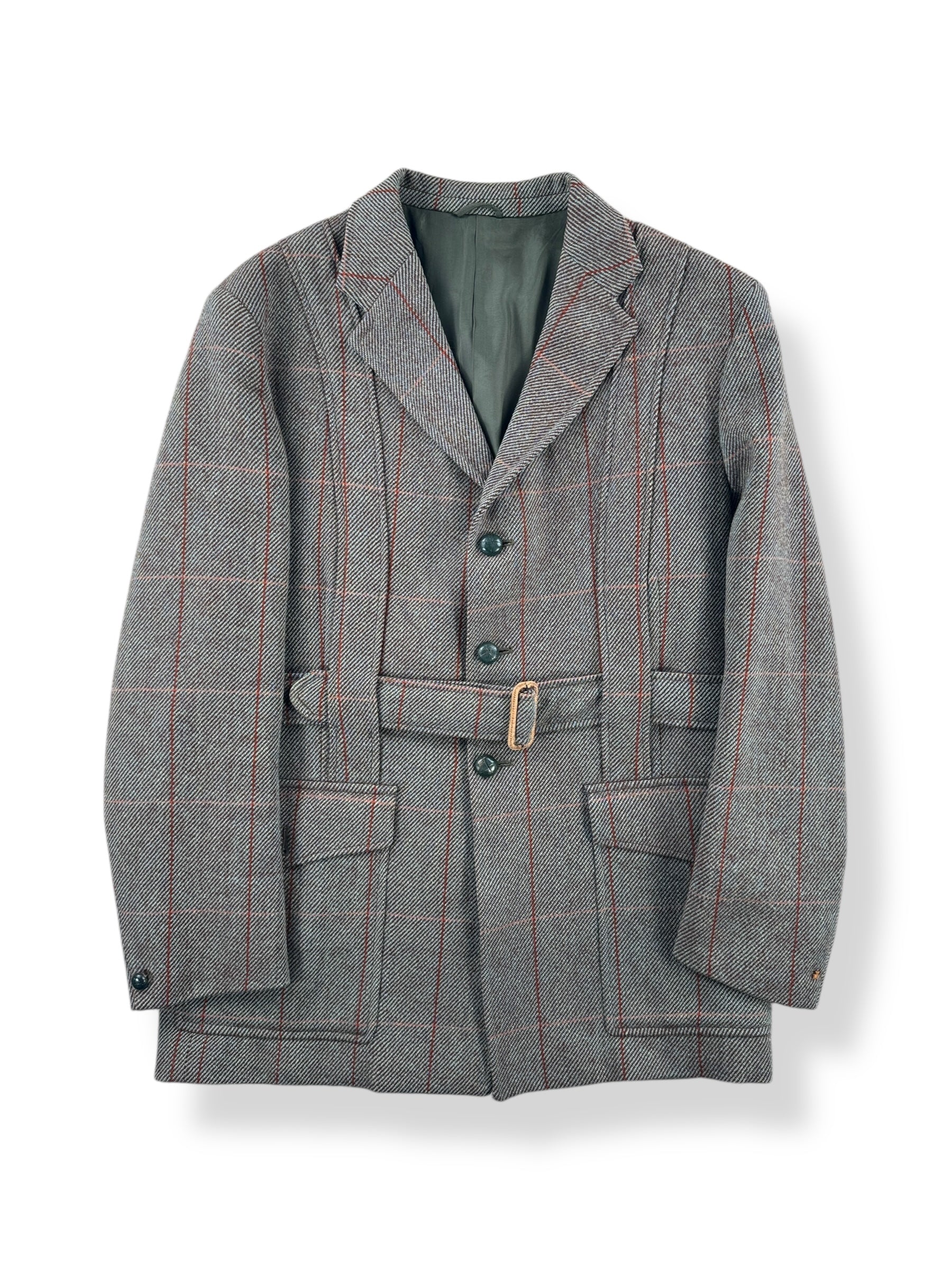 Front of Vintage P & J Haggart Scottish Woolen Belted Hunting Jacket SZ M